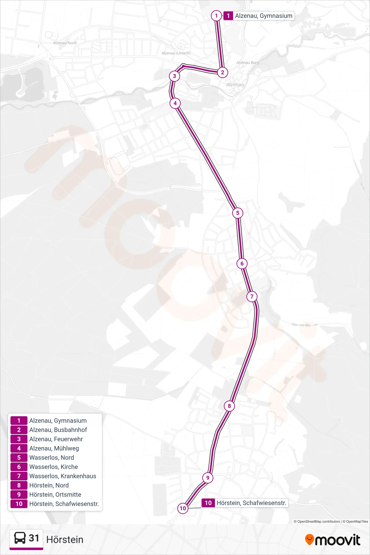 31 bus Line (Hörstein) route and stops on a map