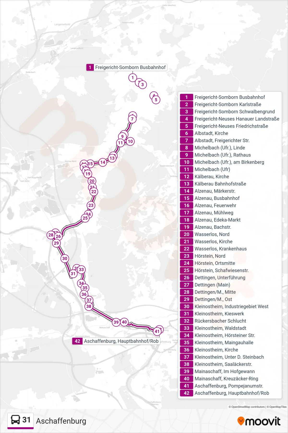 31 bus Line (Aschaffenburg) route and stops on a map