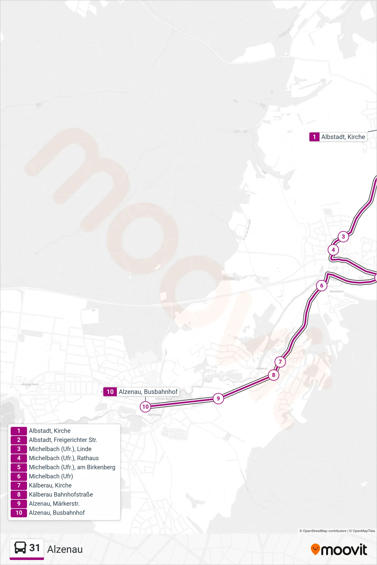 31 bus Line (Alzenau) route and stops on a map