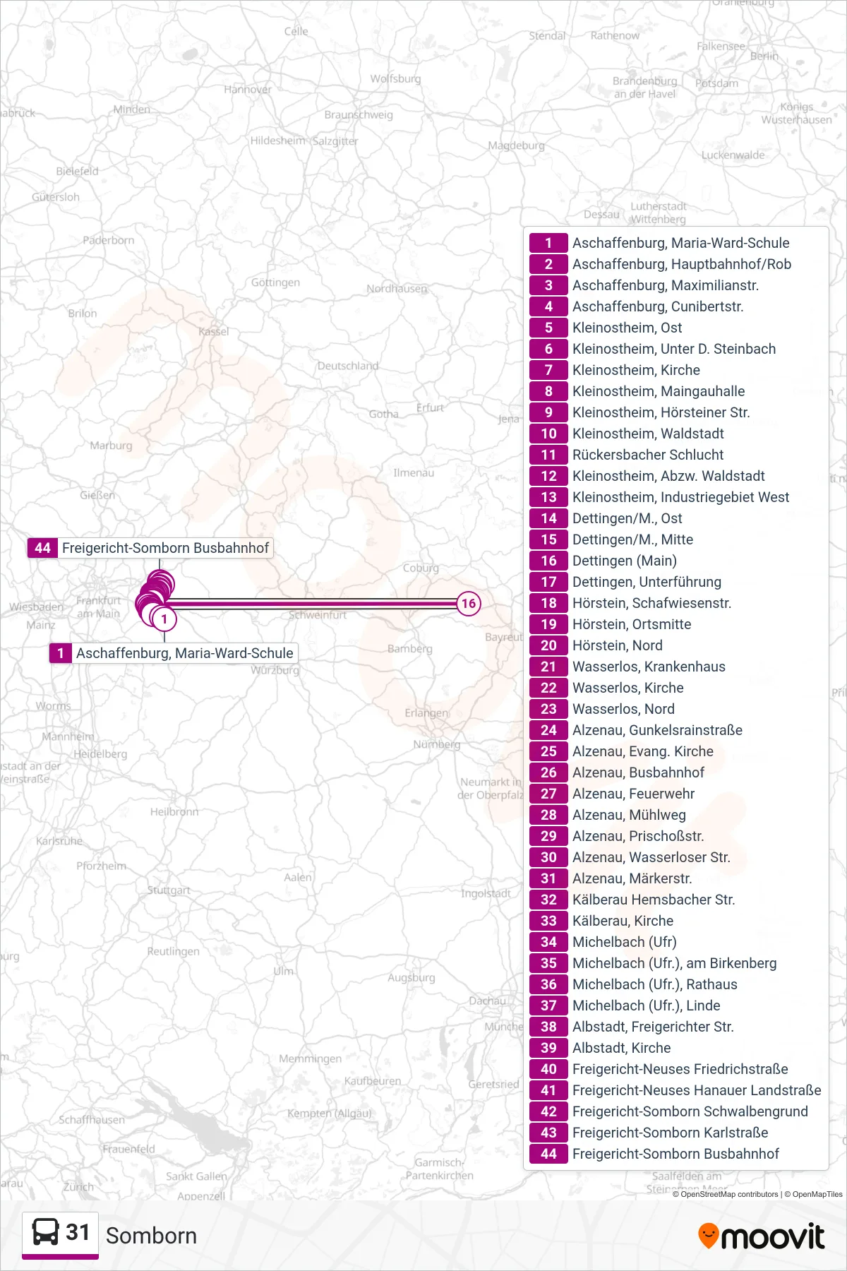 31 bus Line (Somborn) route and stops on a map