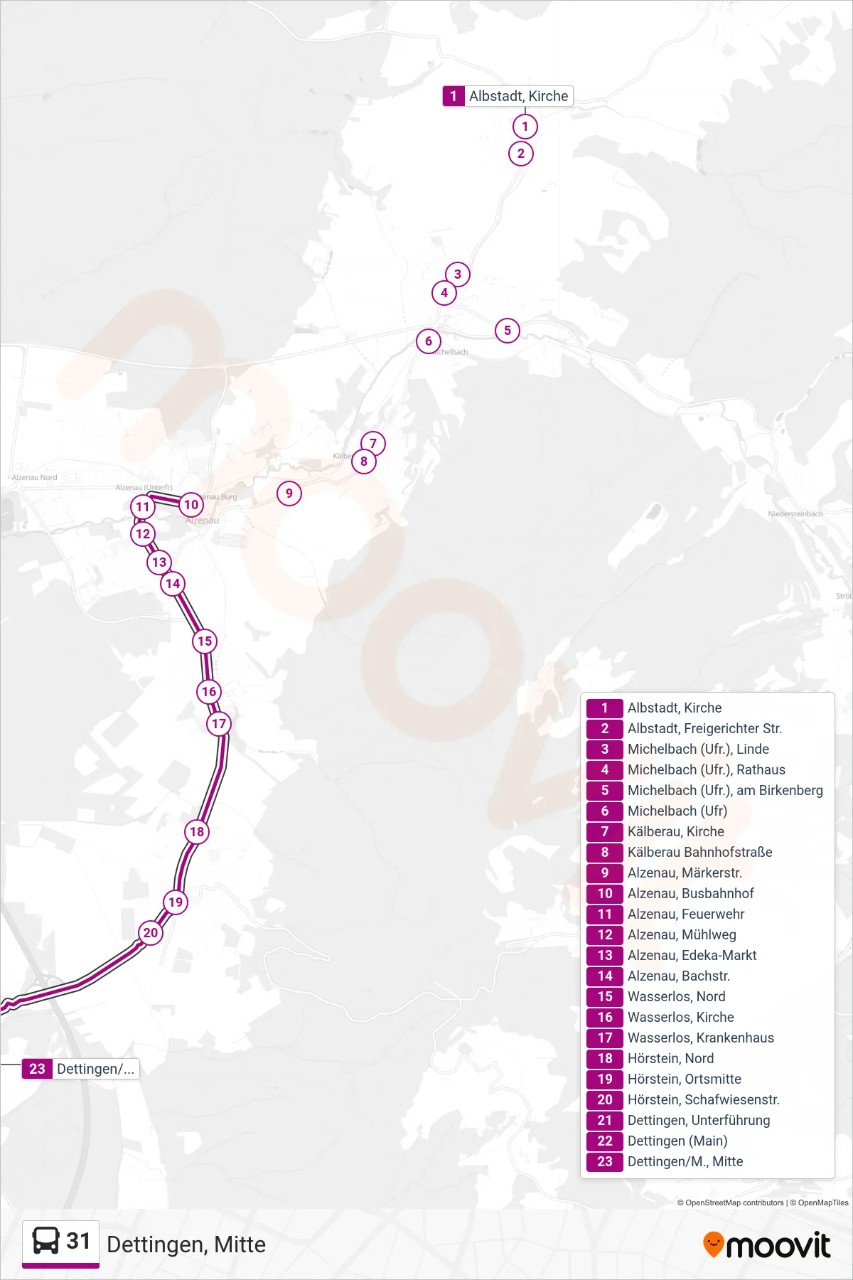 31 bus Line (Dettingen, Mitte) route and stops on a map