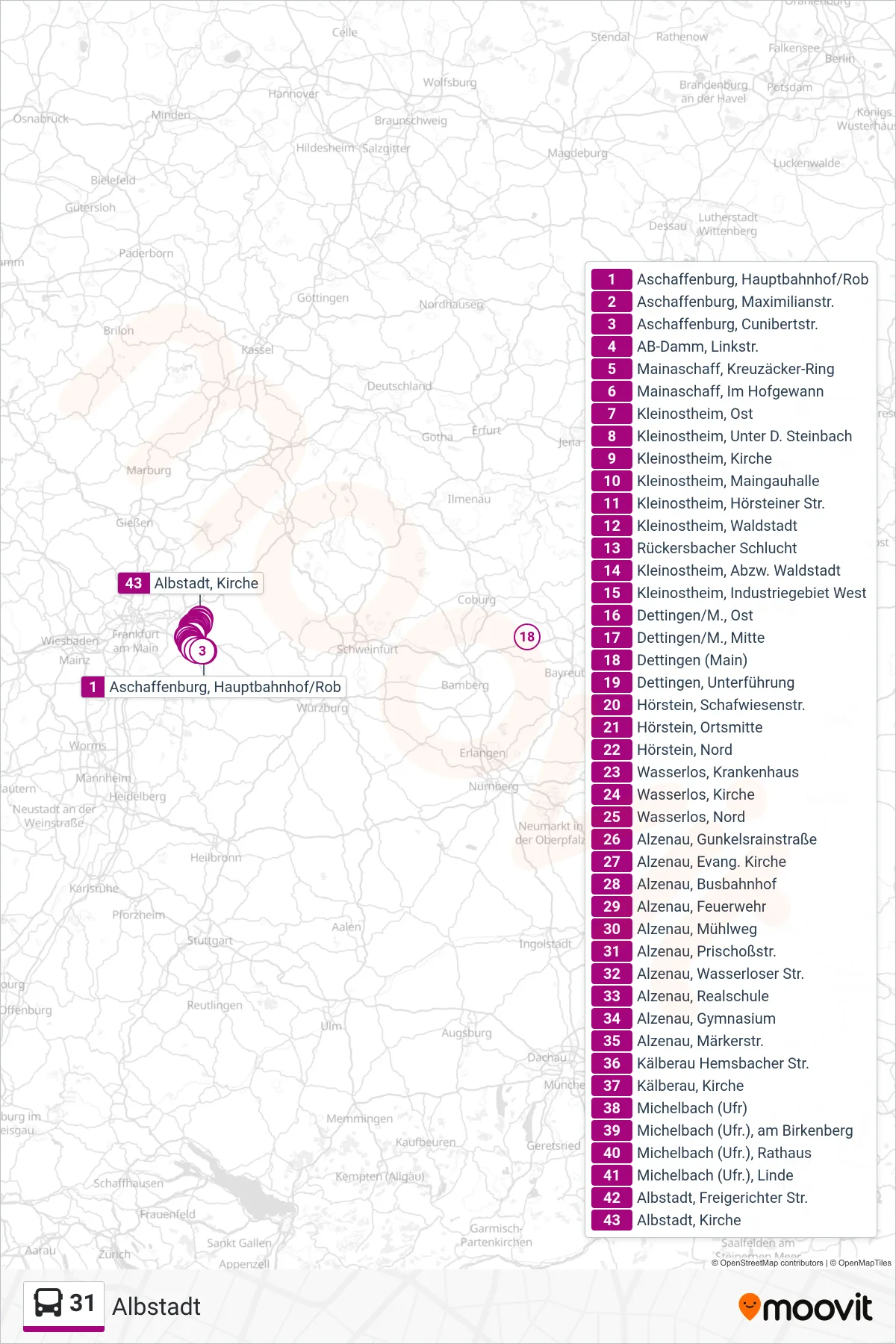 31 bus Line (Albstadt) route and stops on a map