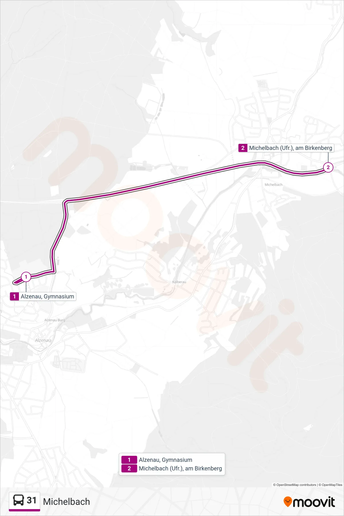 31 bus Line (Michelbach) route and stops on a map