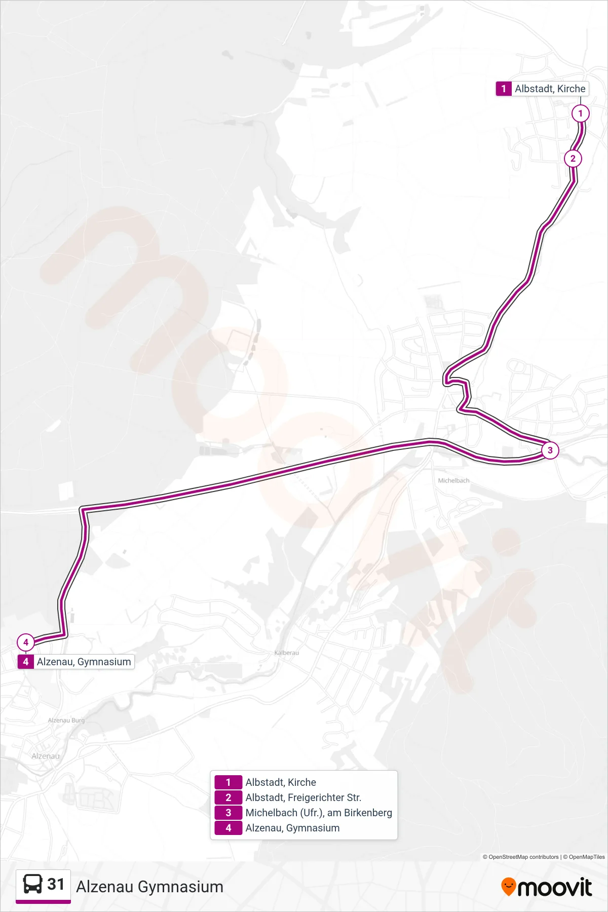 31 bus Line (Alzenau Gymnasium) route and stops on a map