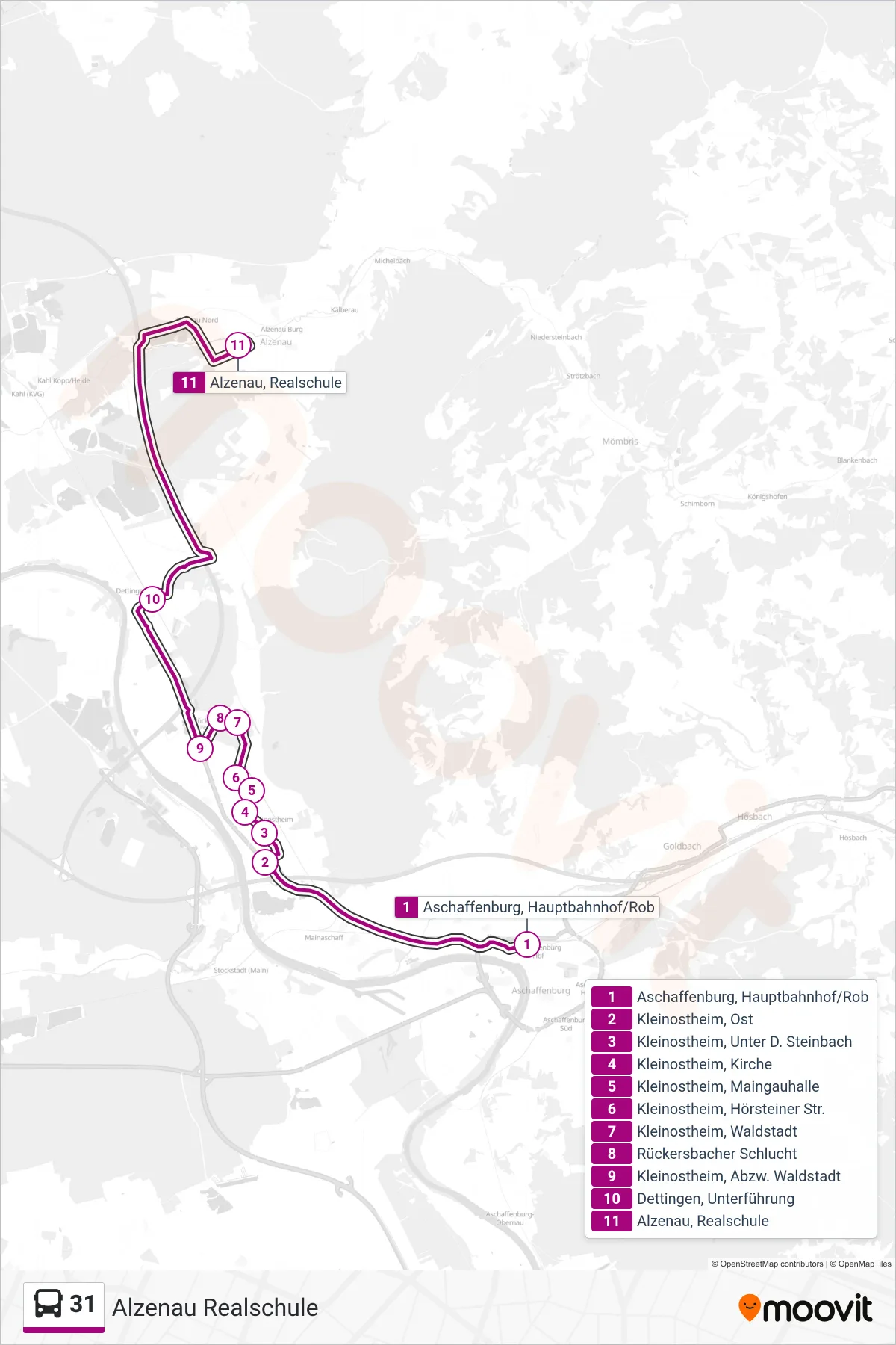 31 bus Line (Alzenau Realschule) route and stops on a map