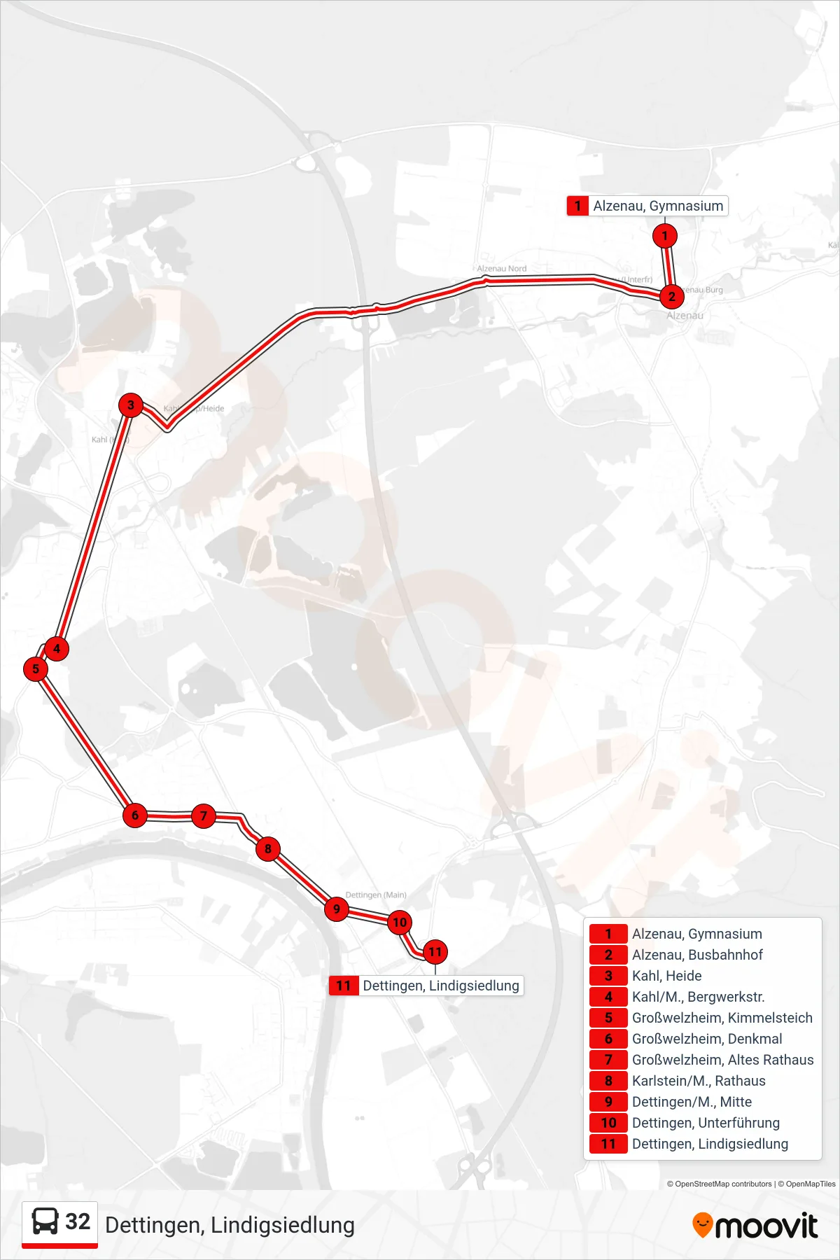32 bus Line (Dettingen, Lindigsiedlung) route and stops on a map