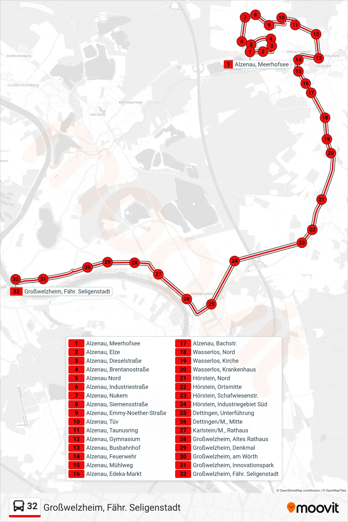 32 bus Line (Großwelzheim, Fähr. Seligenstadt) route and stops on a map