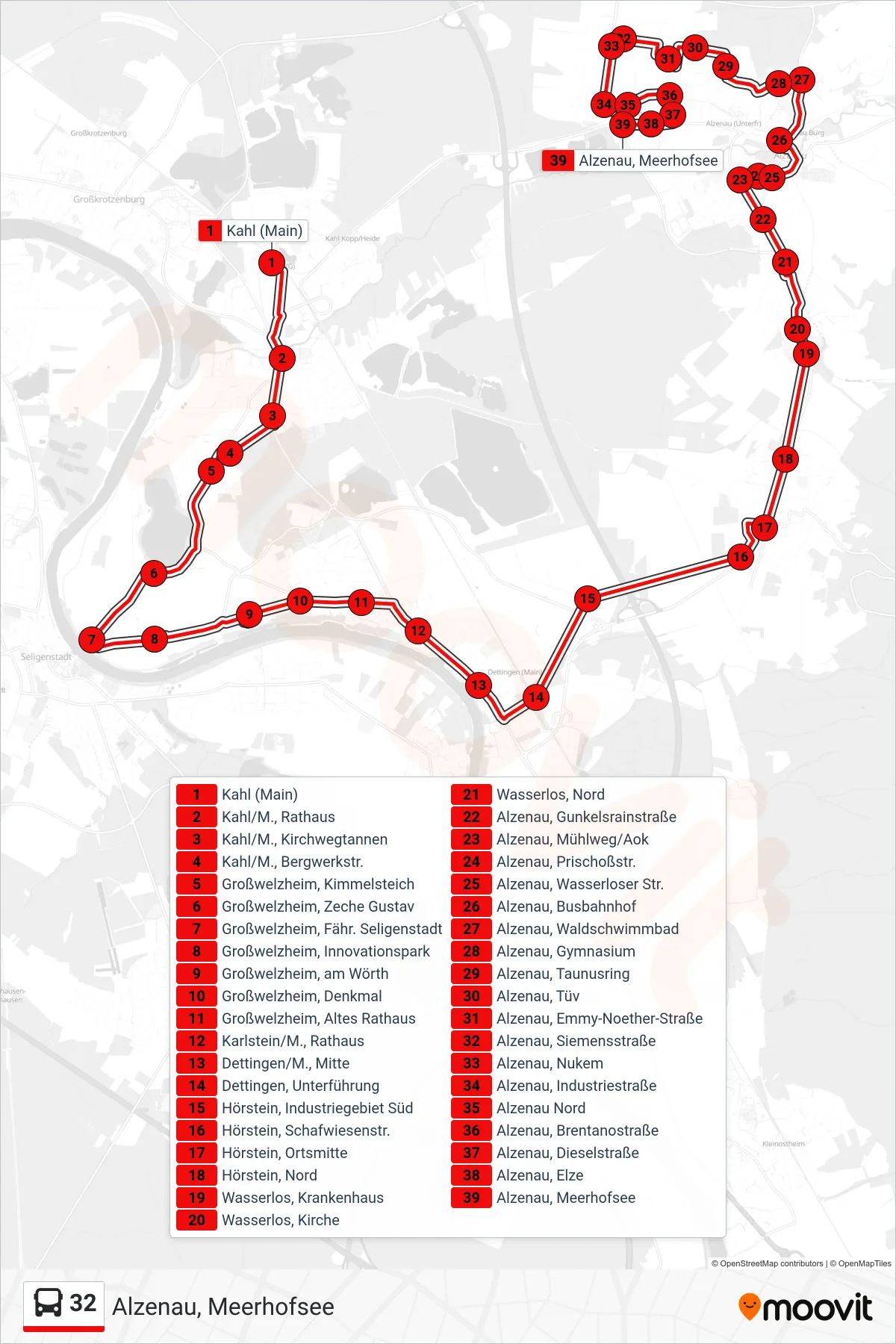 32 bus Line (Alzenau, Meerhofsee) route and stops on a map