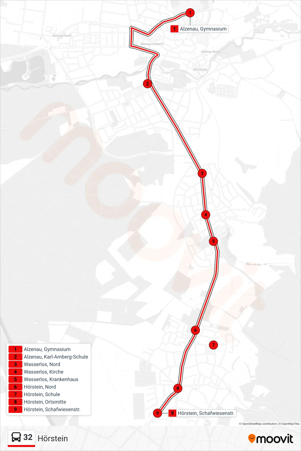 32 bus Line (Hörstein) route and stops on a map