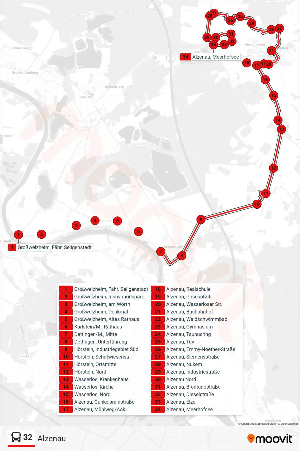 32 bus Line (Alzenau) route and stops on a map