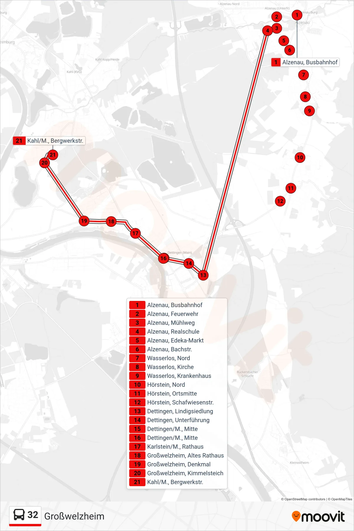 32 bus Line (Großwelzheim) route and stops on a map