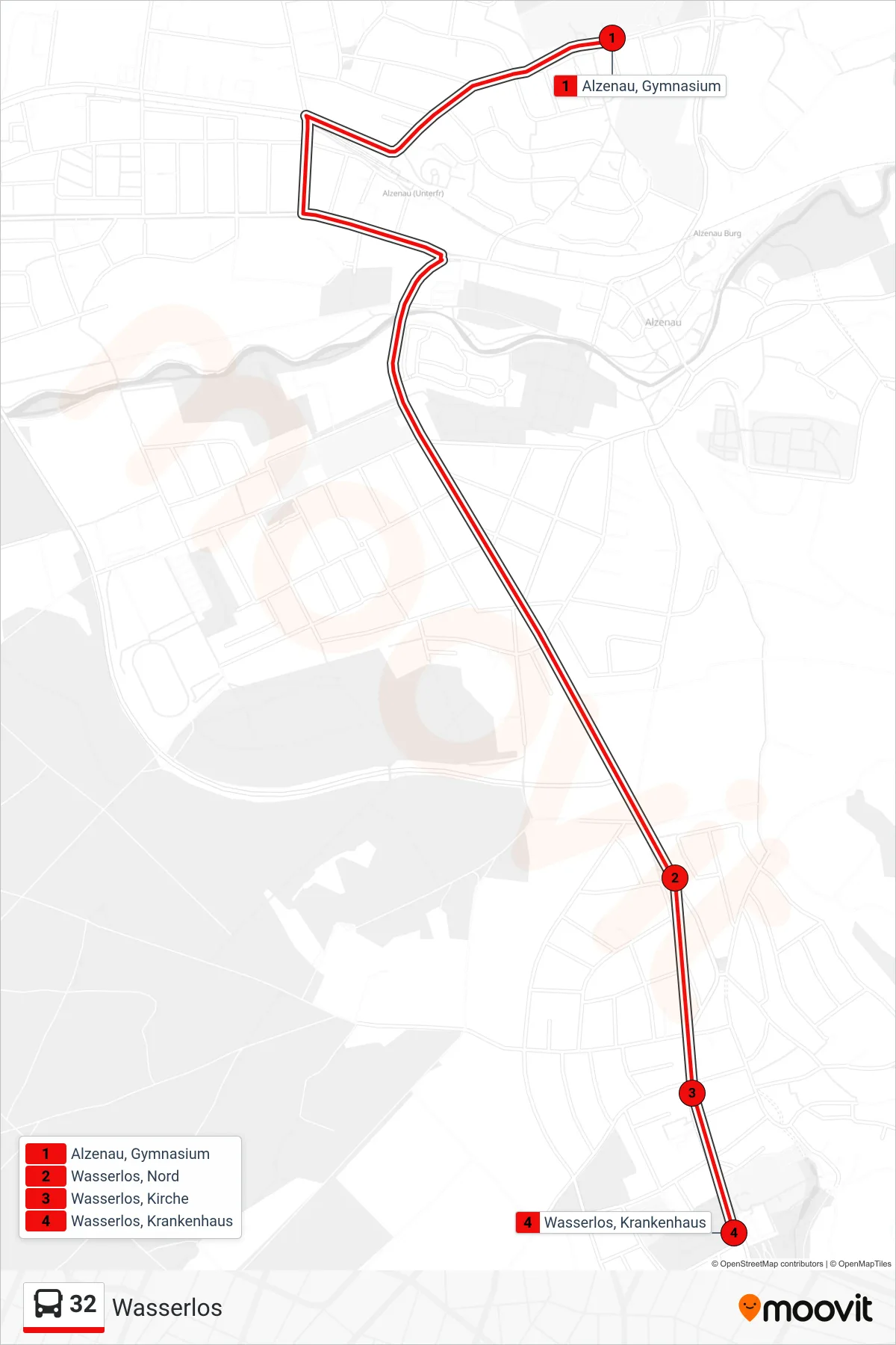 32 bus Line (Wasserlos) route and stops on a map