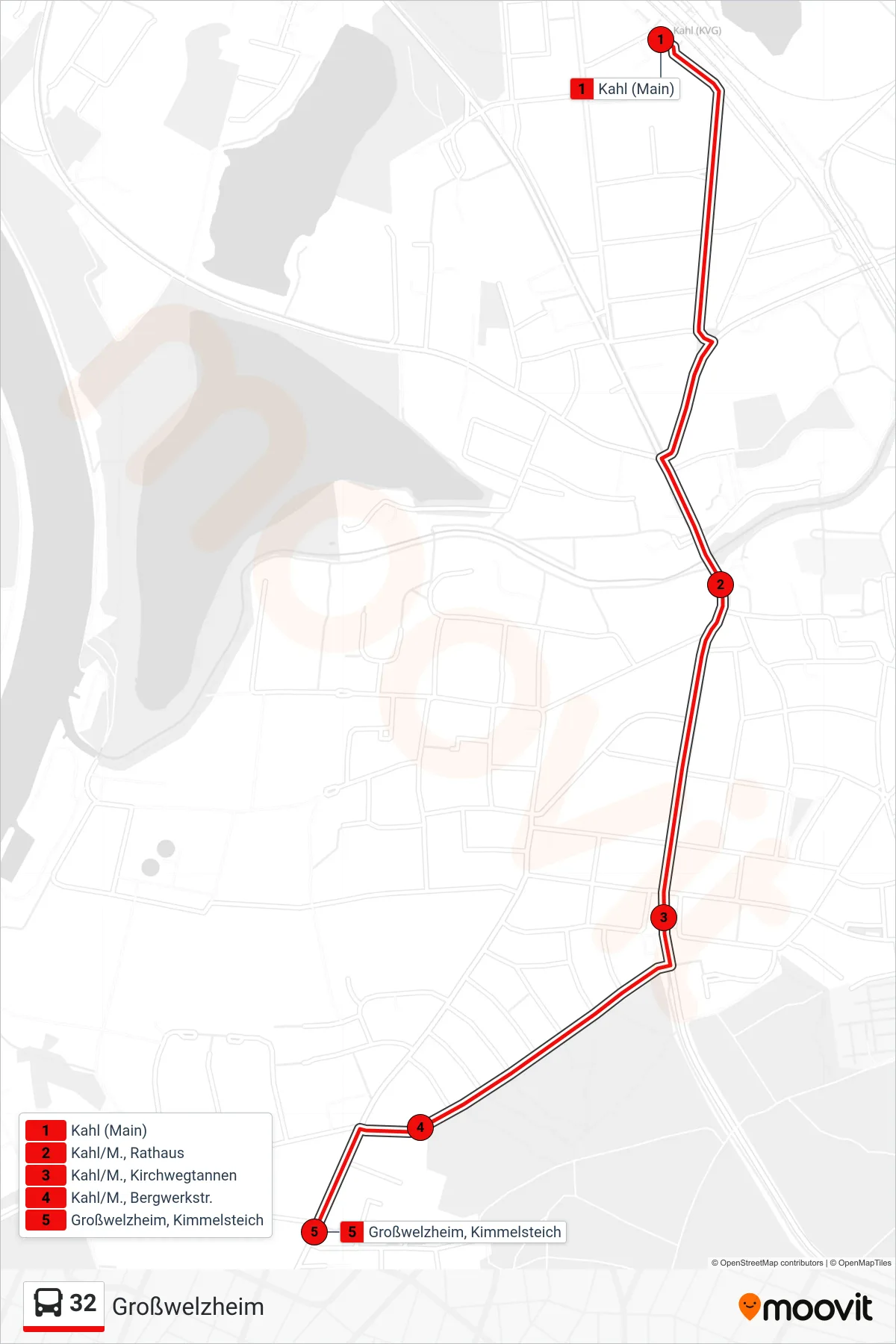 32 bus Line (Großwelzheim) route and stops on a map