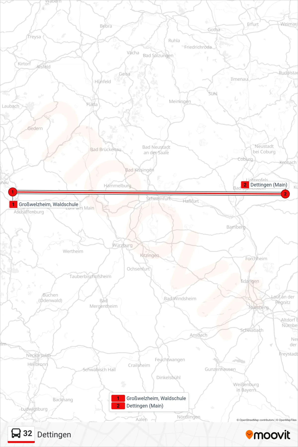32 bus Line (Dettingen) route and stops on a map