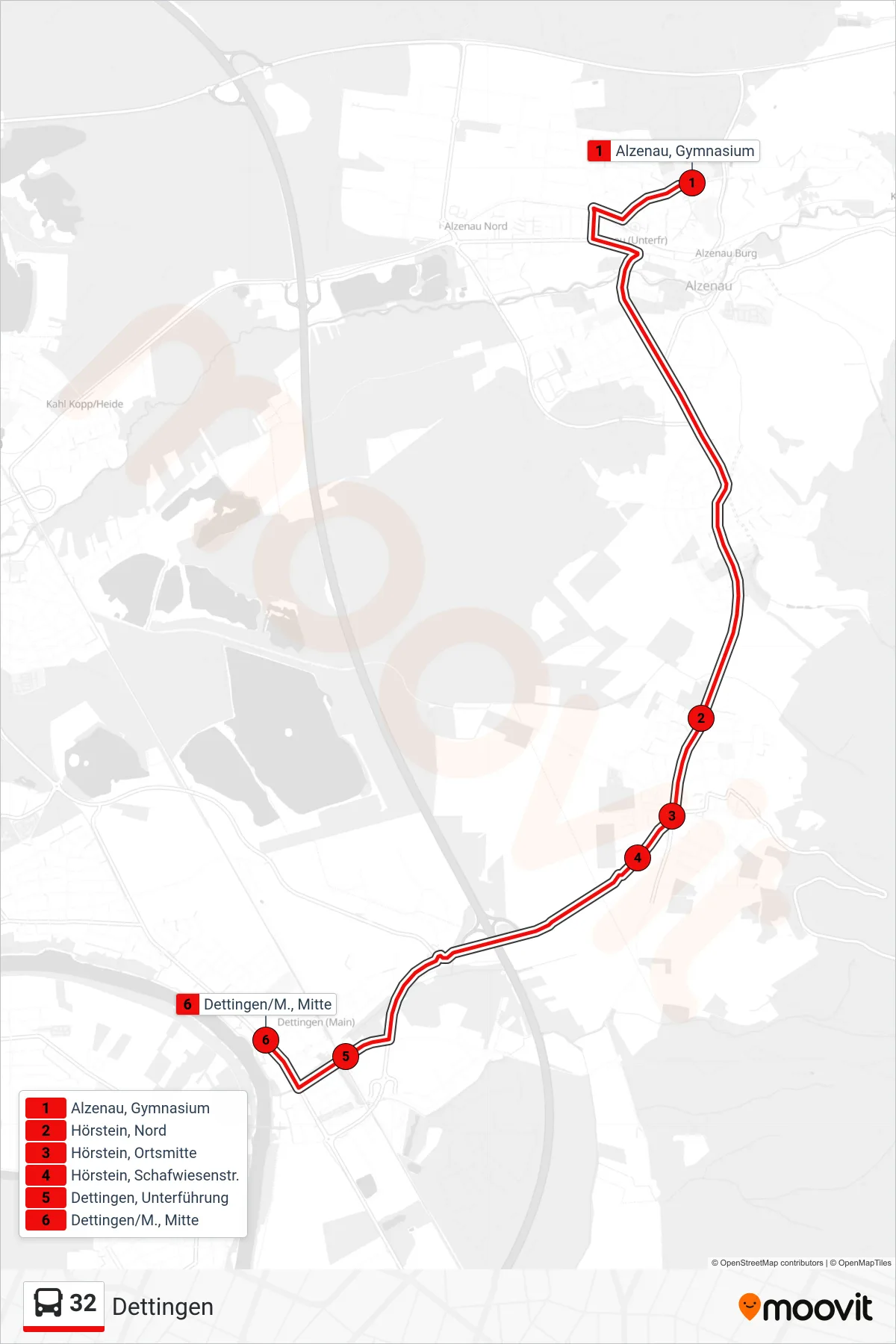 32 bus Line (Dettingen) route and stops on a map