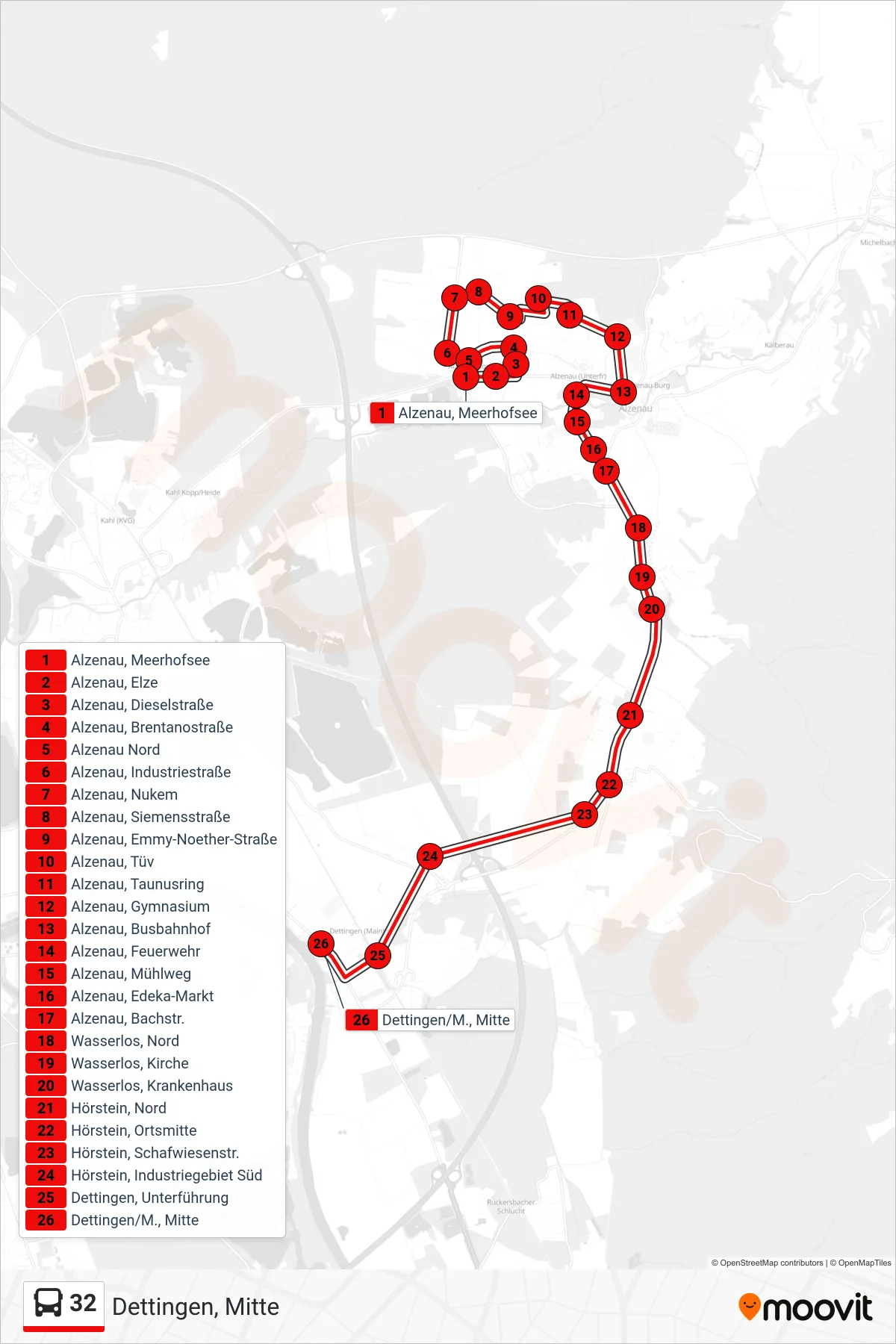 32 bus Line (Dettingen, Mitte) route and stops on a map