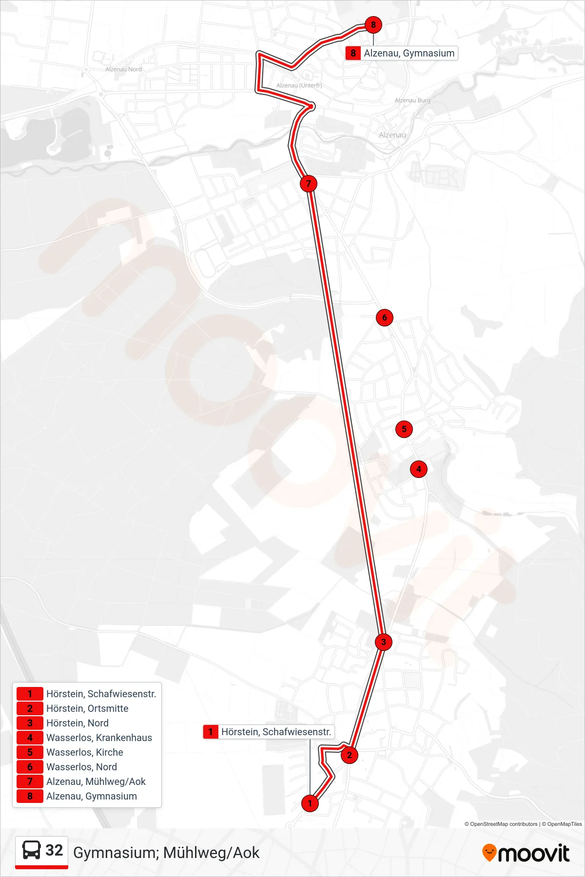 32 bus Line (Gymnasium; Mühlweg/Aok) route and stops on a map