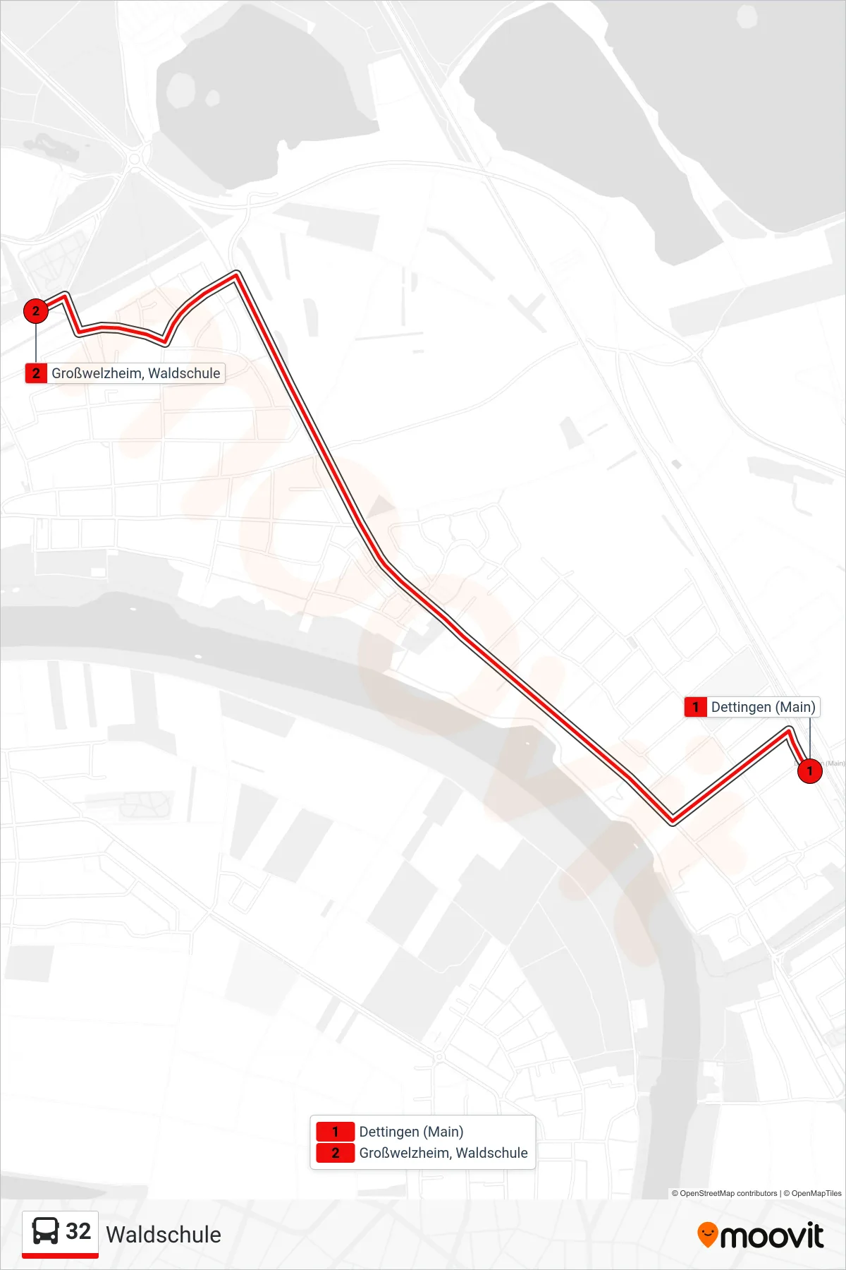 32 bus Line (Waldschule) route and stops on a map