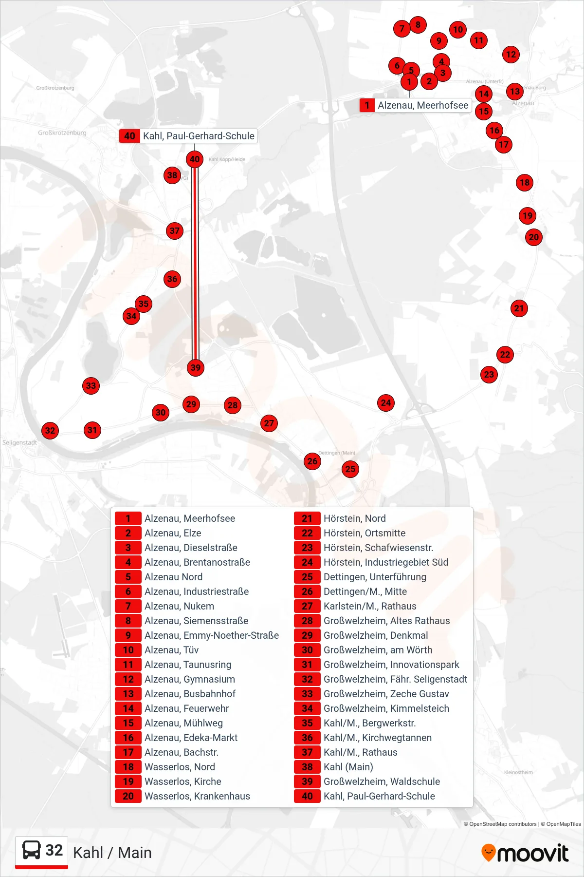 32 bus Line (Kahl / Main) route and stops on a map
