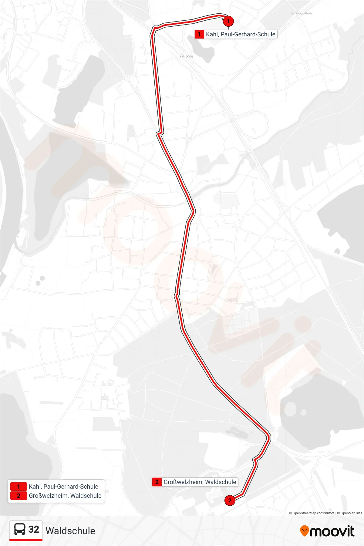 32 bus Line (Waldschule) route and stops on a map