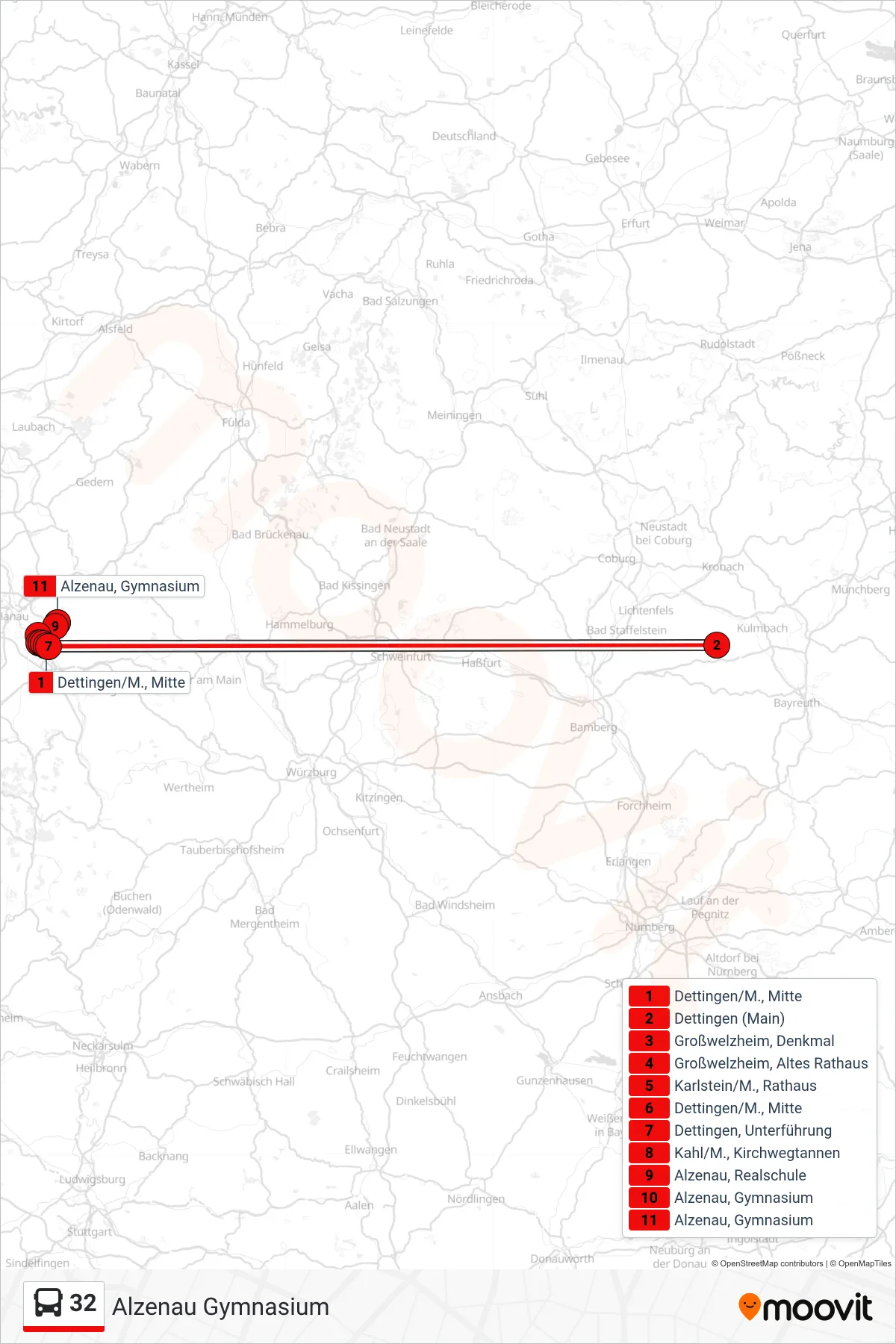 32 bus Line (Alzenau Gymnasium) route and stops on a map