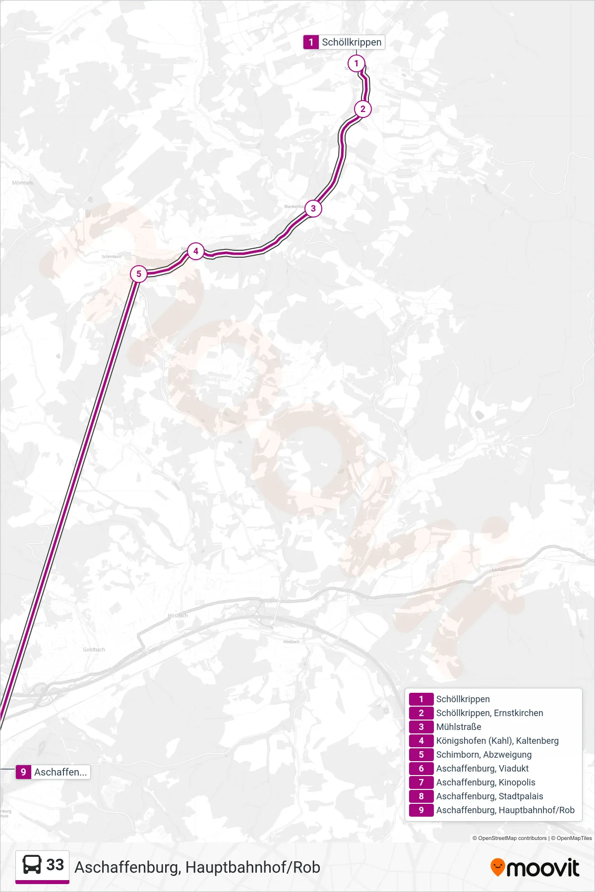Linie 33 (Bus) Richtung Aschaffenburg, Hauptbahnhof/Rob: Route und Haltestellen auf der Karte