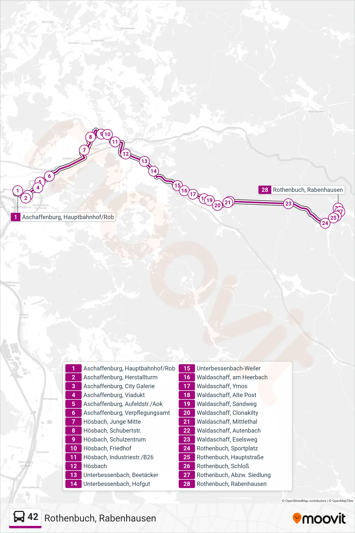 42 bus Line (Rothenbuch, Rabenhausen) route and stops on a map