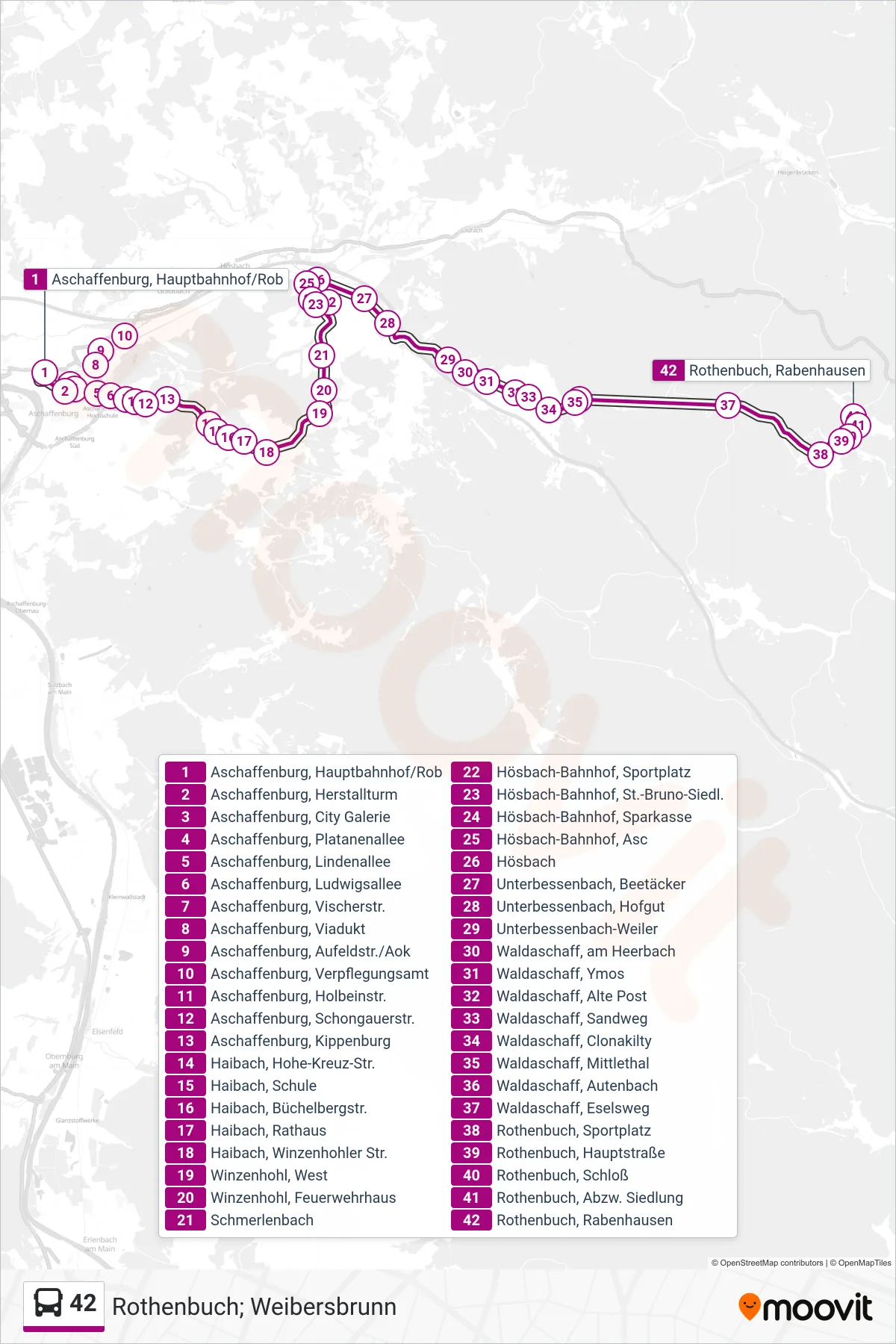 42 bus Line (Rothenbuch; Weibersbrunn) route and stops on a map