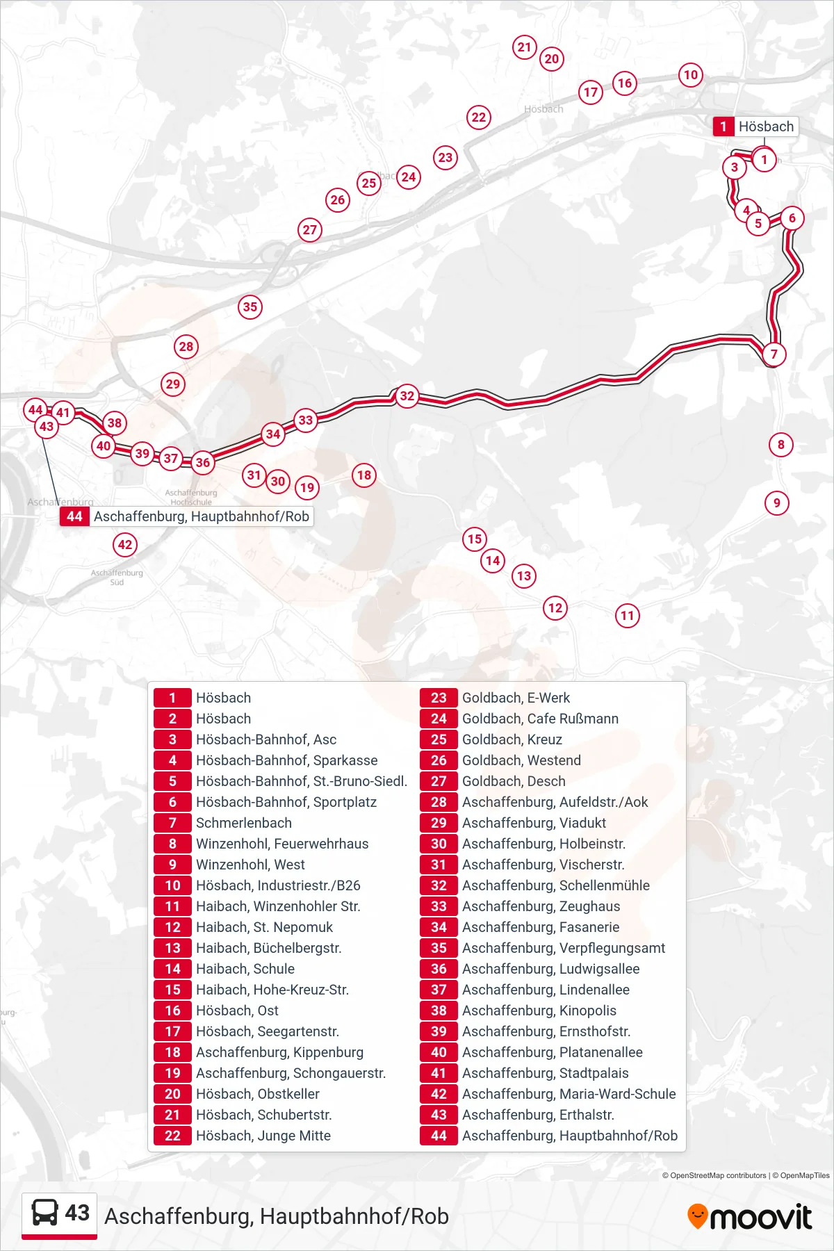 43 bus Line (Aschaffenburg, Hauptbahnhof/Rob) route and stops on a map