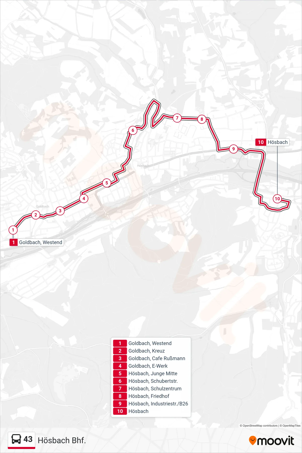 43 bus Line (Hösbach Bhf.) route and stops on a map