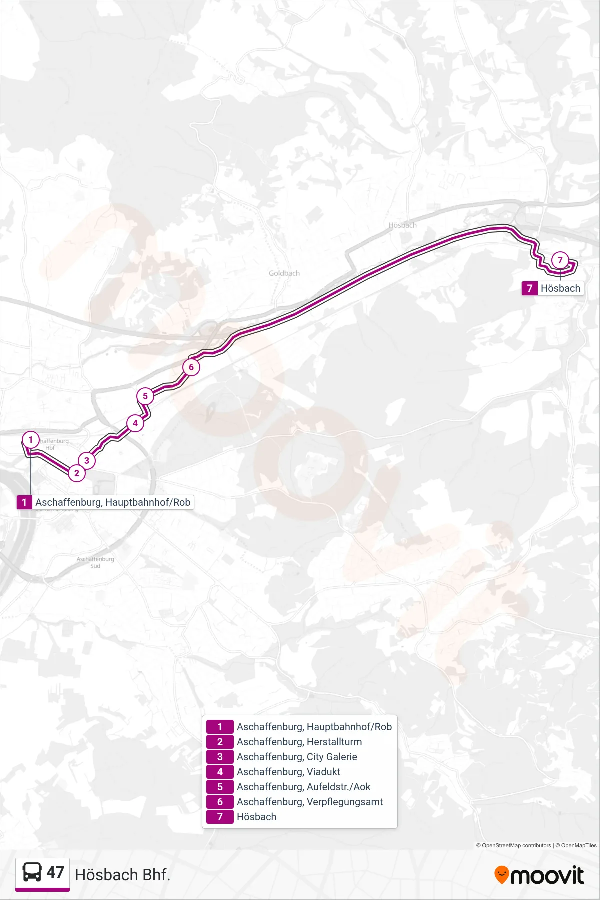 Linie 47 (Bus) Richtung Hösbach Bhf.: Route und Haltestellen auf der Karte