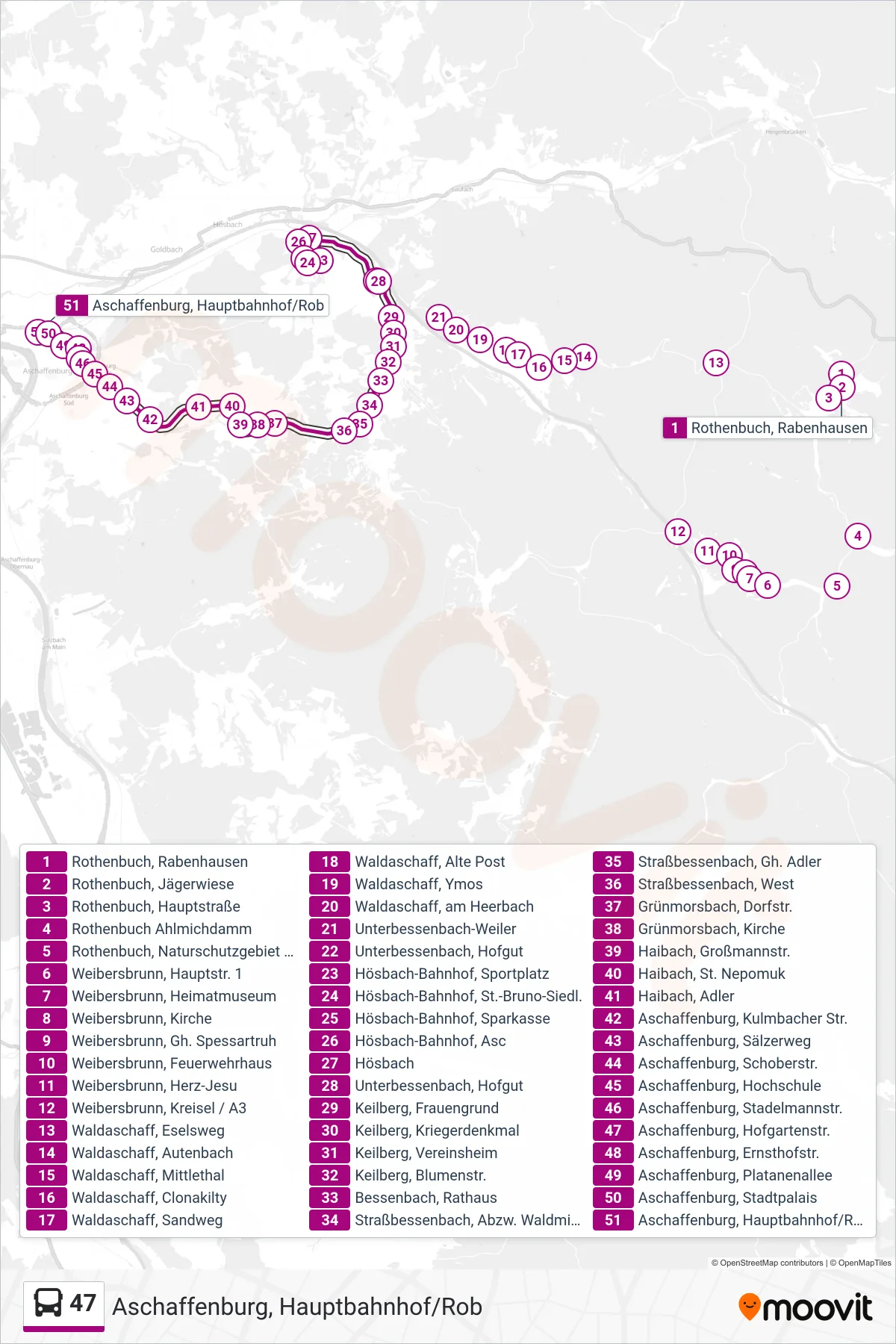 47 bus Line (Aschaffenburg, Hauptbahnhof/Rob) route and stops on a map