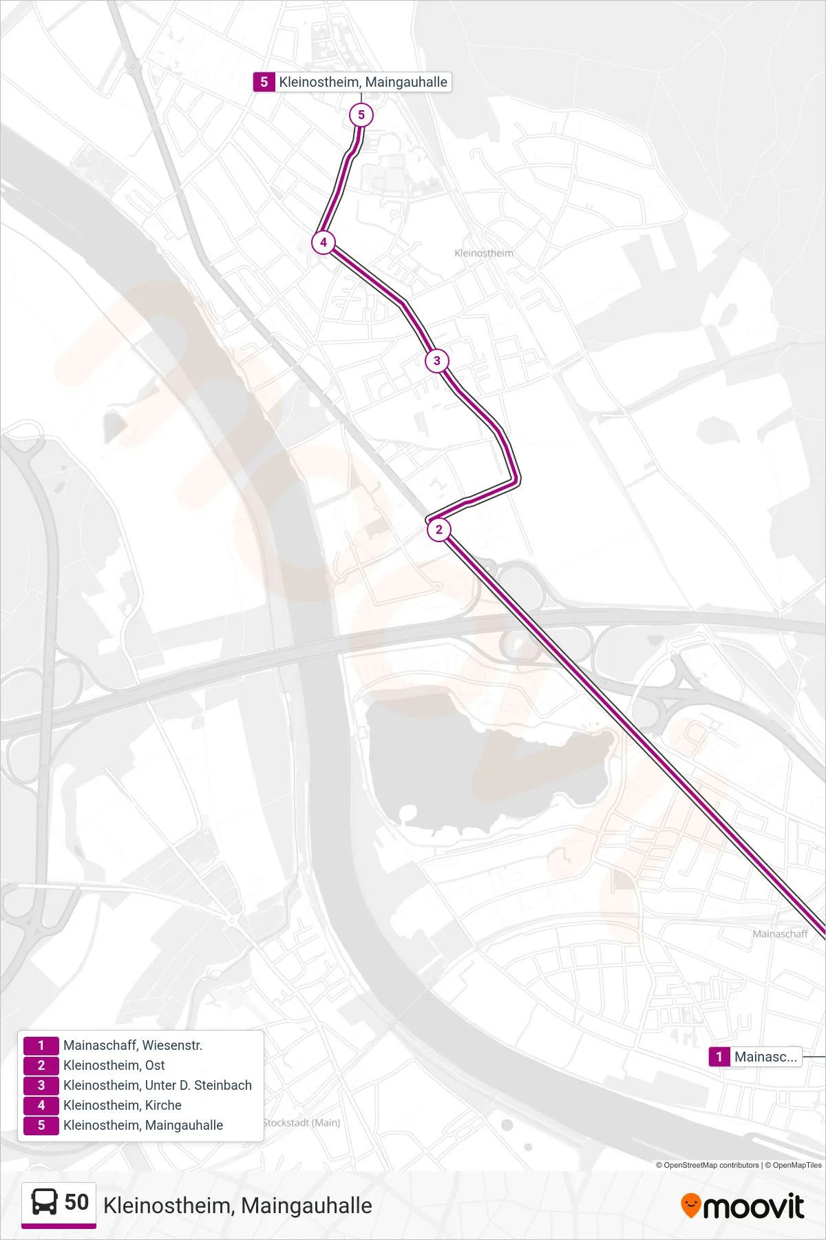 50 bus Line (Kleinostheim, Maingauhalle) route and stops on a map