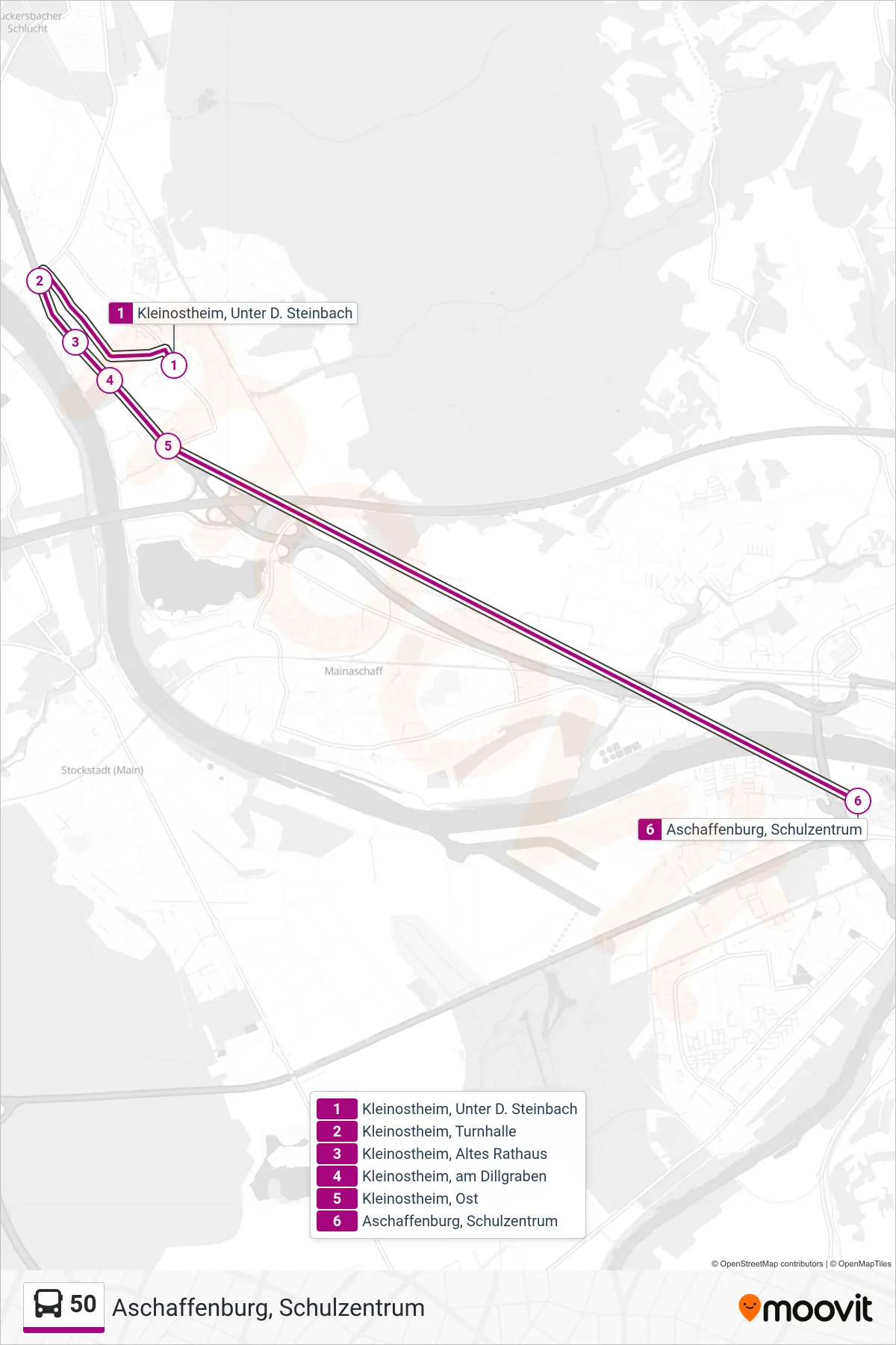 50 bus Line (Aschaffenburg, Schulzentrum) route and stops on a map