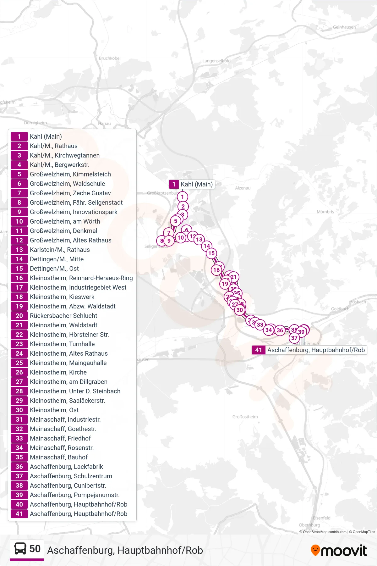 50 bus Line (Aschaffenburg, Hauptbahnhof/Rob) route and stops on a map