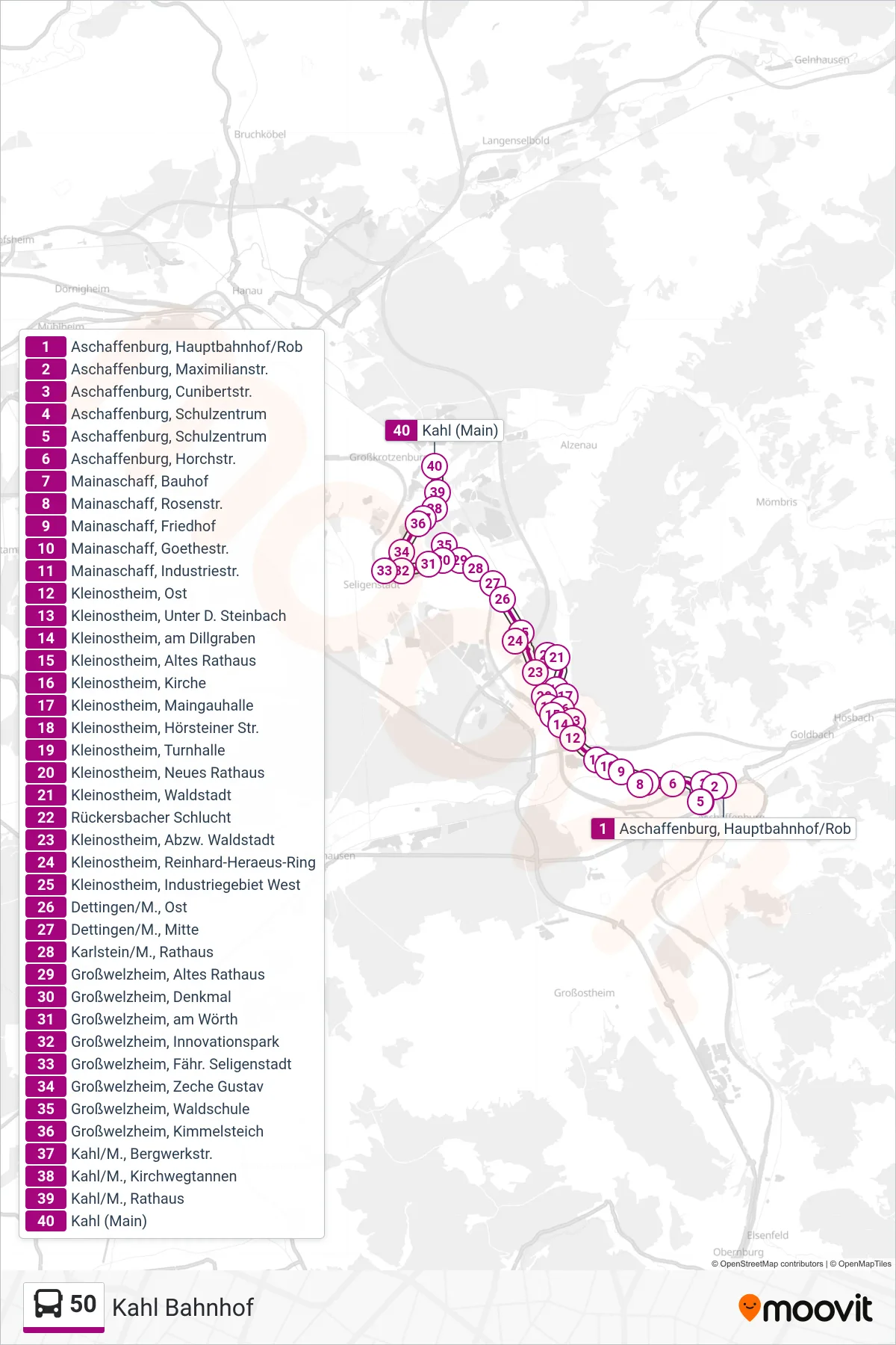 50 bus Line (Kahl Bahnhof) route and stops on a map