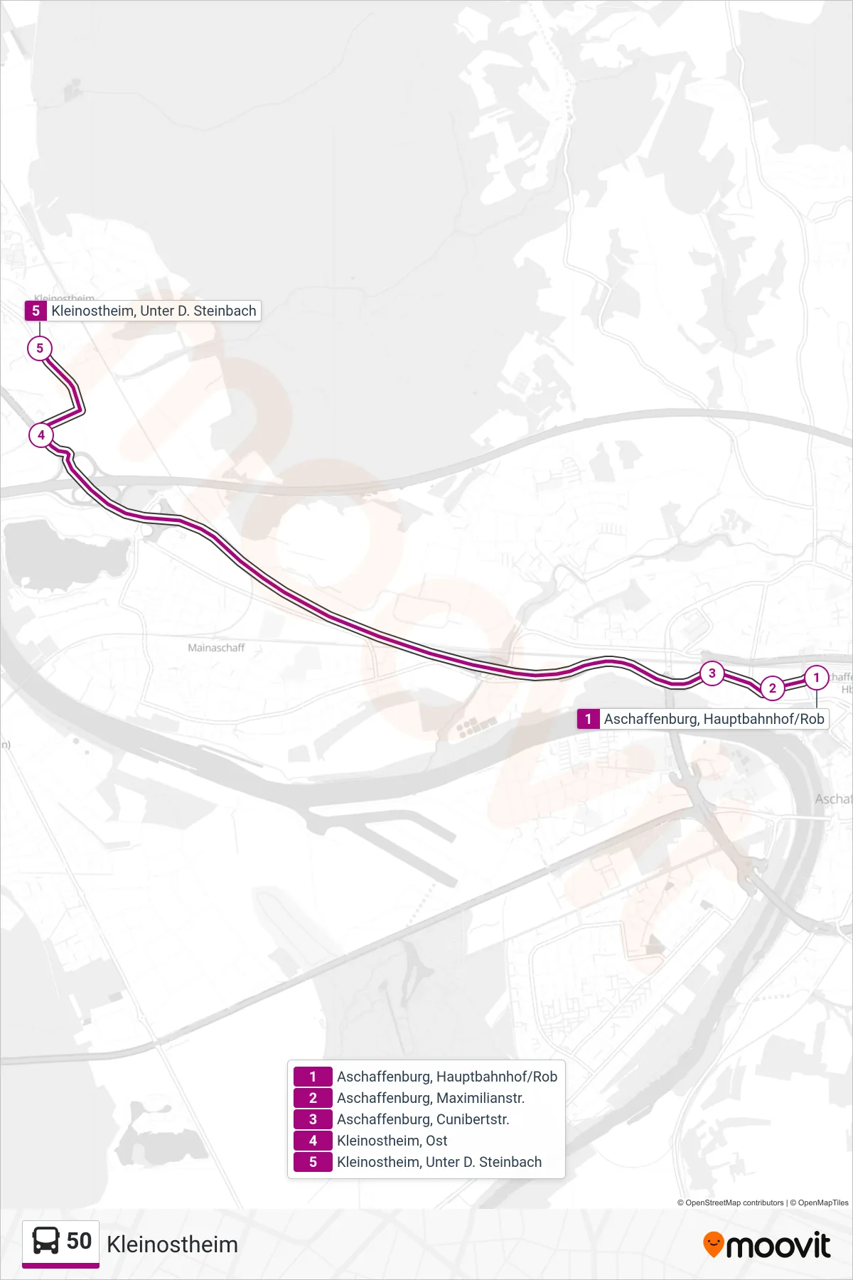 50 bus Line (Kleinostheim) route and stops on a map