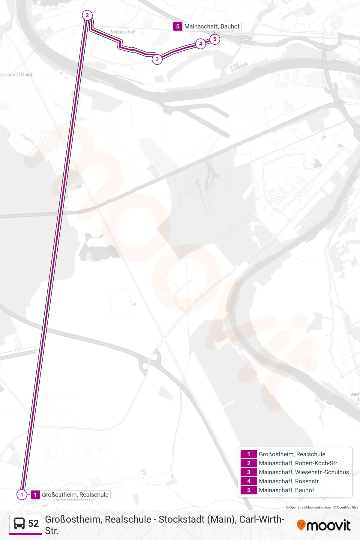 Linie 52 (Bus) Richtung Mainaschaff; Bauhof: Route und Haltestellen auf der Karte