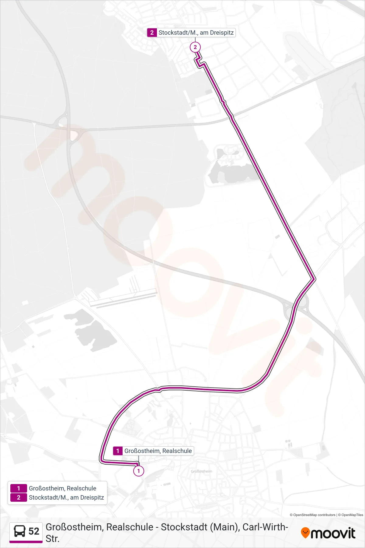 52 bus Line (Stockstadt; am Dreispitz) route and stops on a map