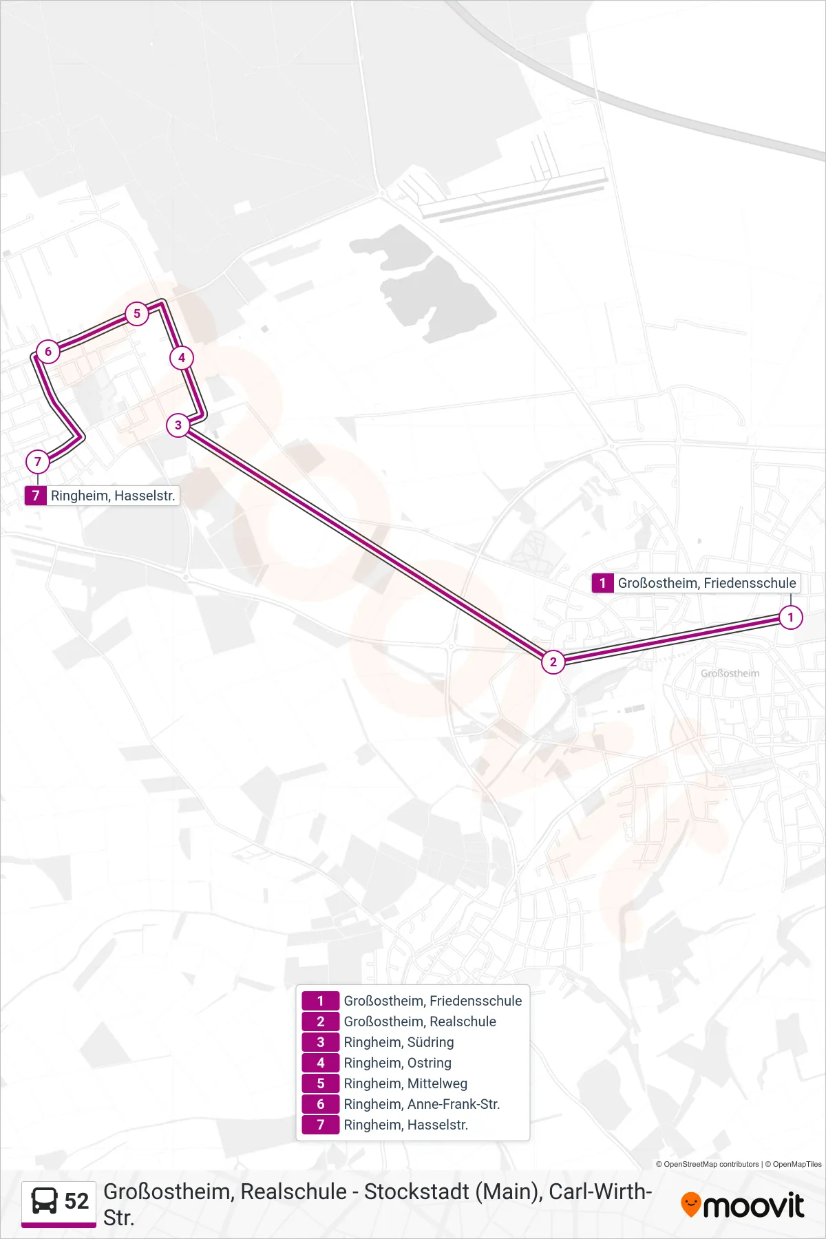52 bus Line (Ringheim; Hasselstr.) route and stops on a map