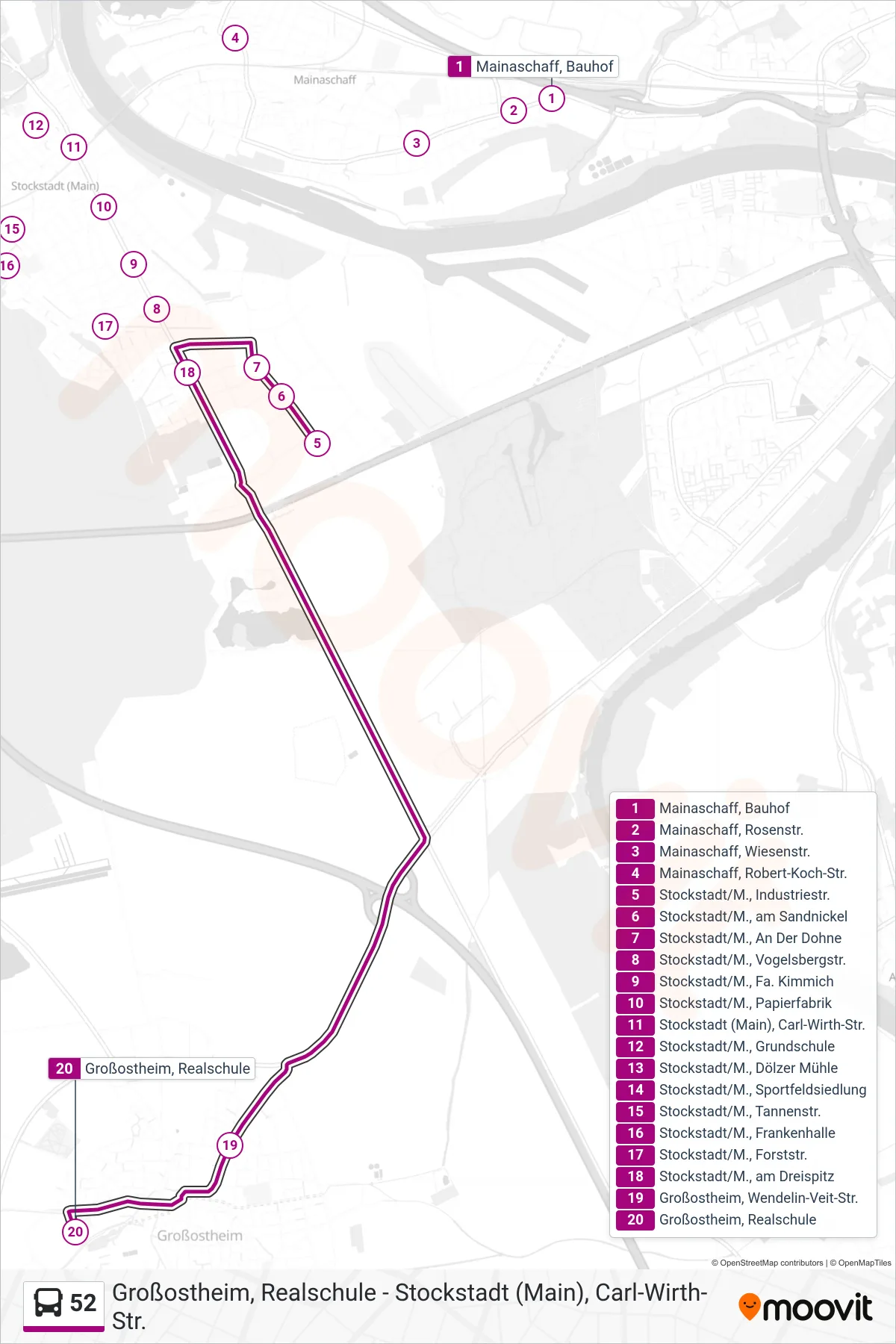 52 bus Line (Großostheim; Realschule) route and stops on a map