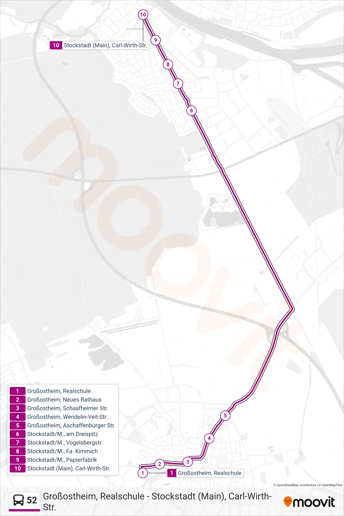52 bus Line (Stockstadt; Carl-Wirth-Str.) route and stops on a map