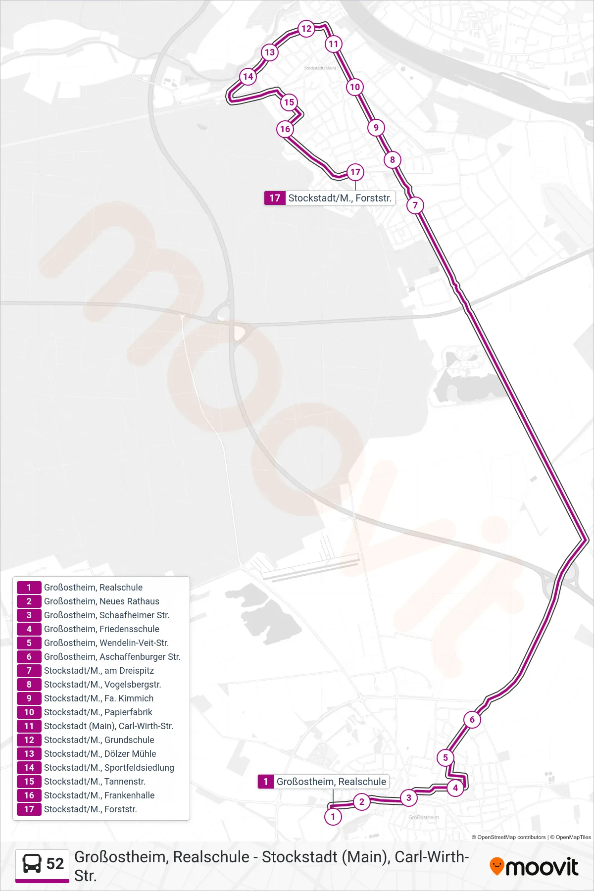 52 bus Line (Stockstadt;) route and stops on a map