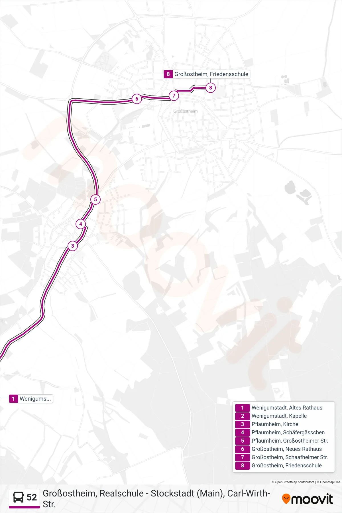 52 bus Line (Großostheim; Friedensschule) route and stops on a map