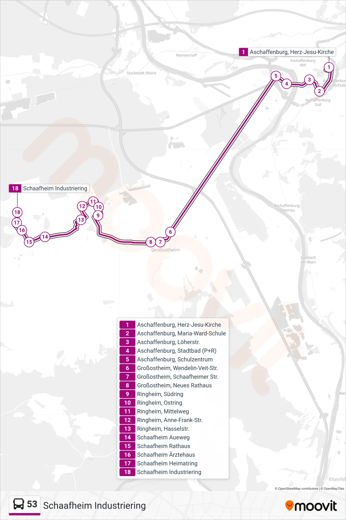 53 bus Line (Schaafheim Industriering) route and stops on a map