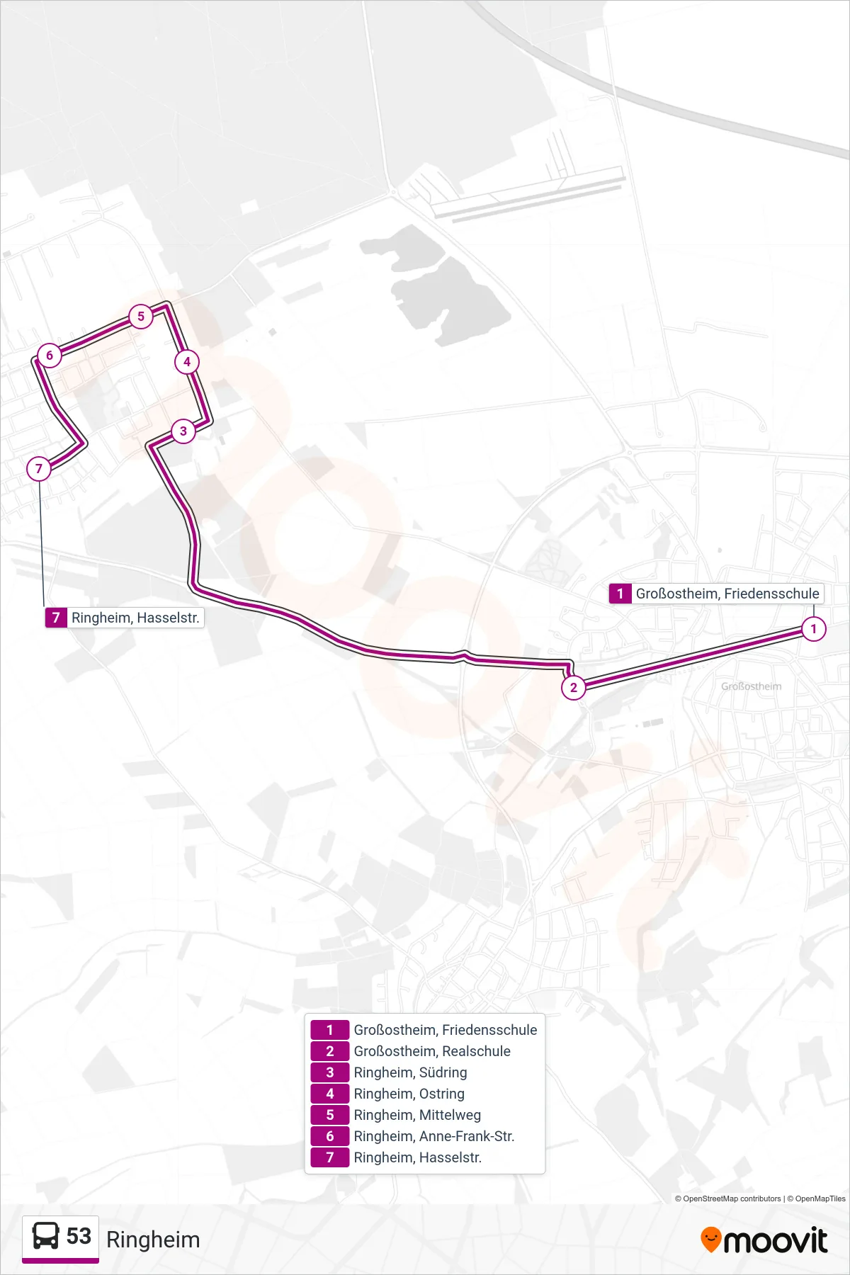 53 bus Line (Ringheim) route and stops on a map