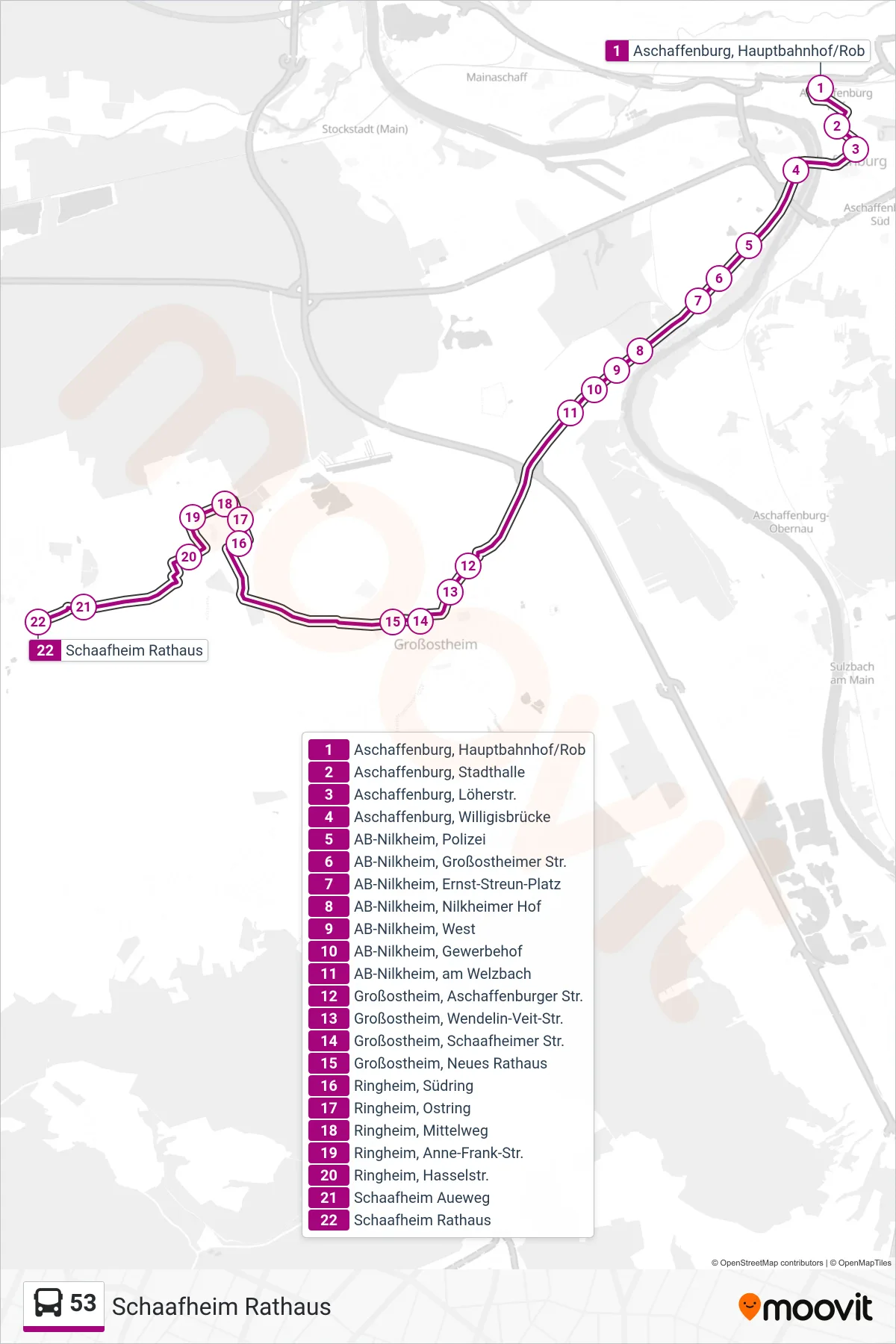53 bus Line (Schaafheim Rathaus) route and stops on a map