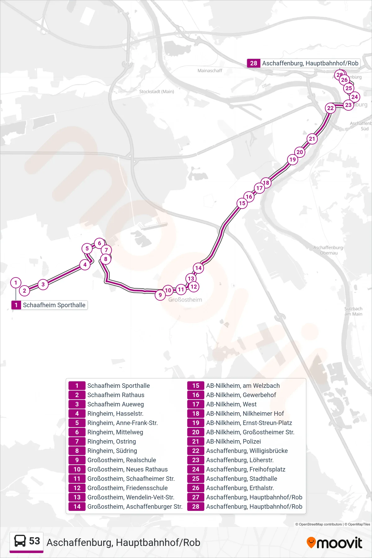 53 bus Line (Aschaffenburg, Hauptbahnhof/Rob) route and stops on a map