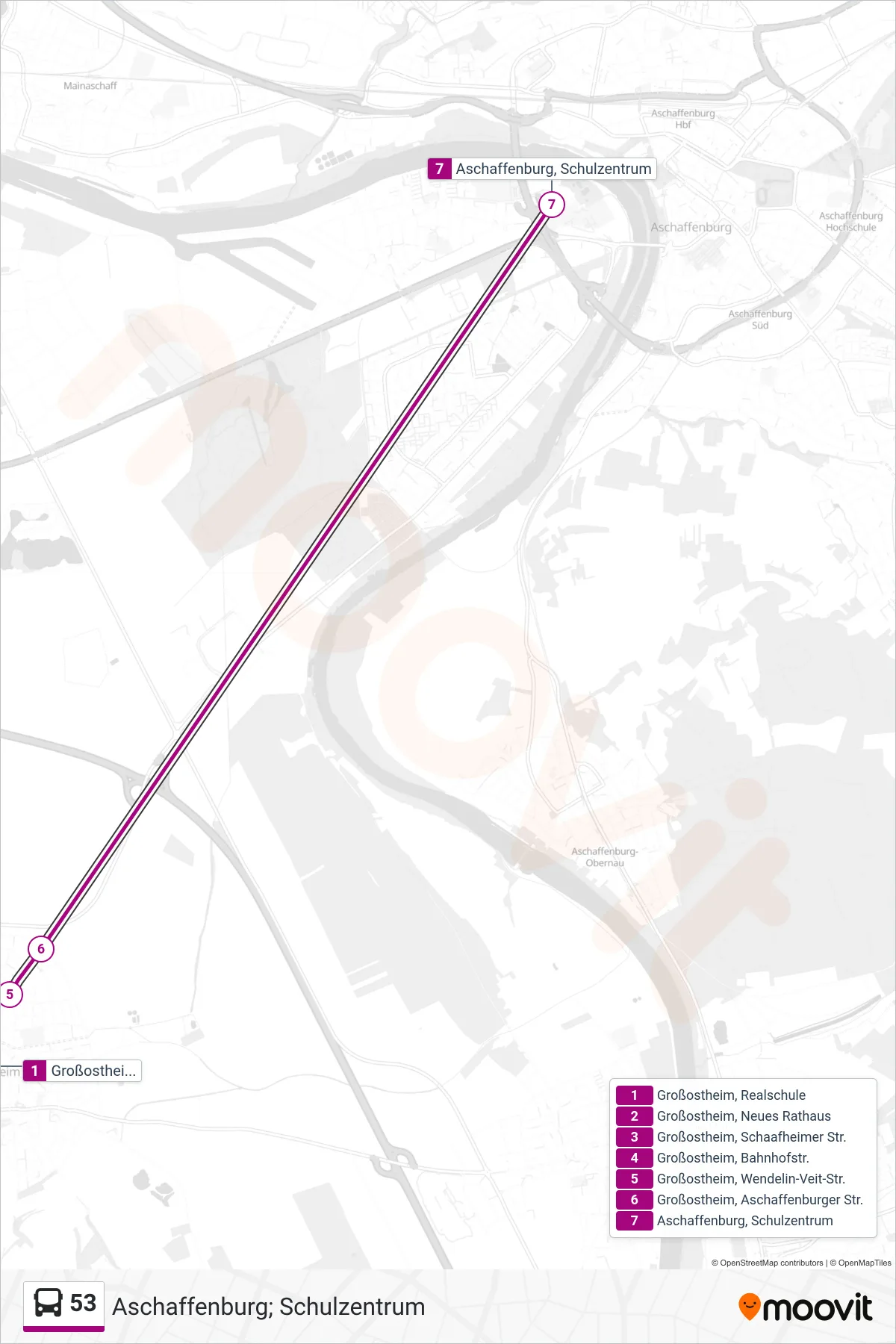 Linie 53 (Bus) Richtung Aschaffenburg; Schulzentrum: Route und Haltestellen auf der Karte