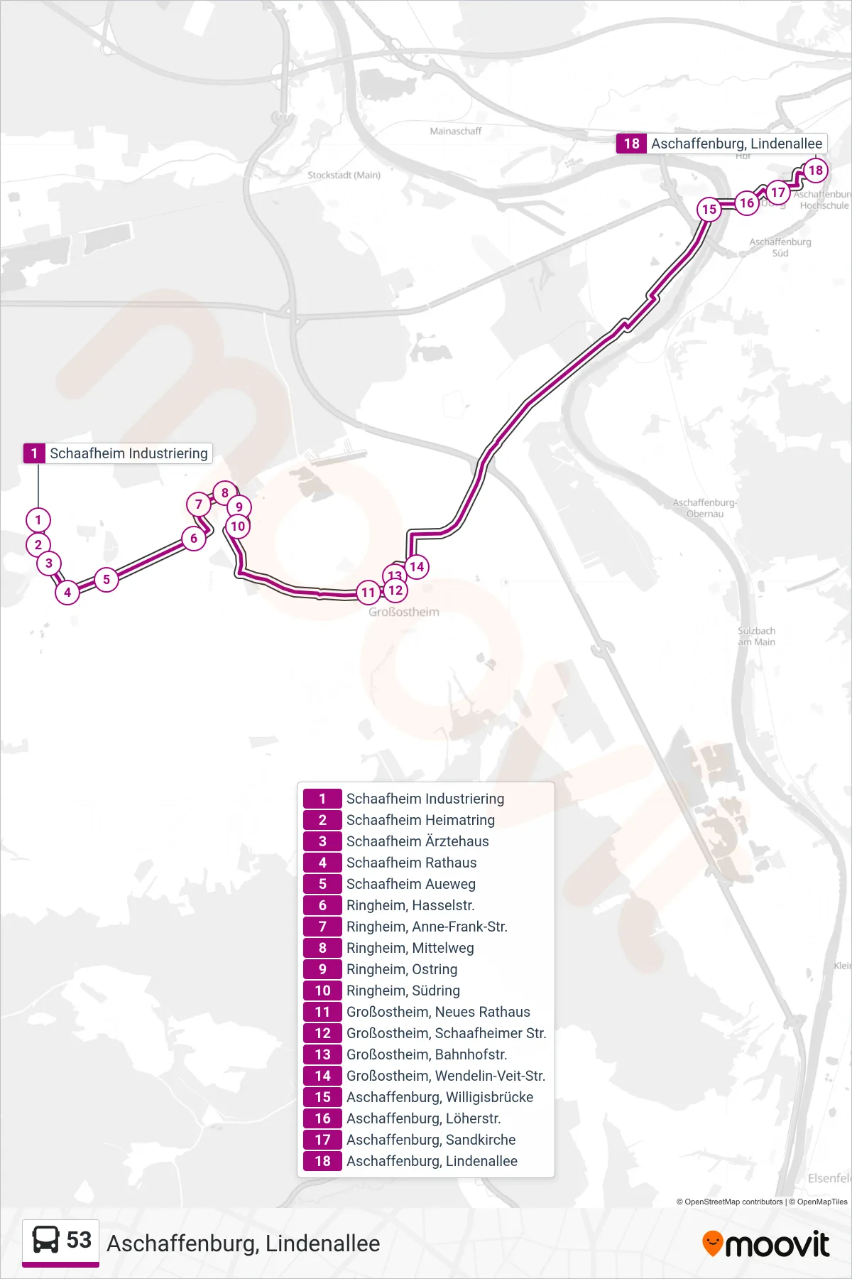 53 bus Line (Aschaffenburg, Lindenallee) route and stops on a map
